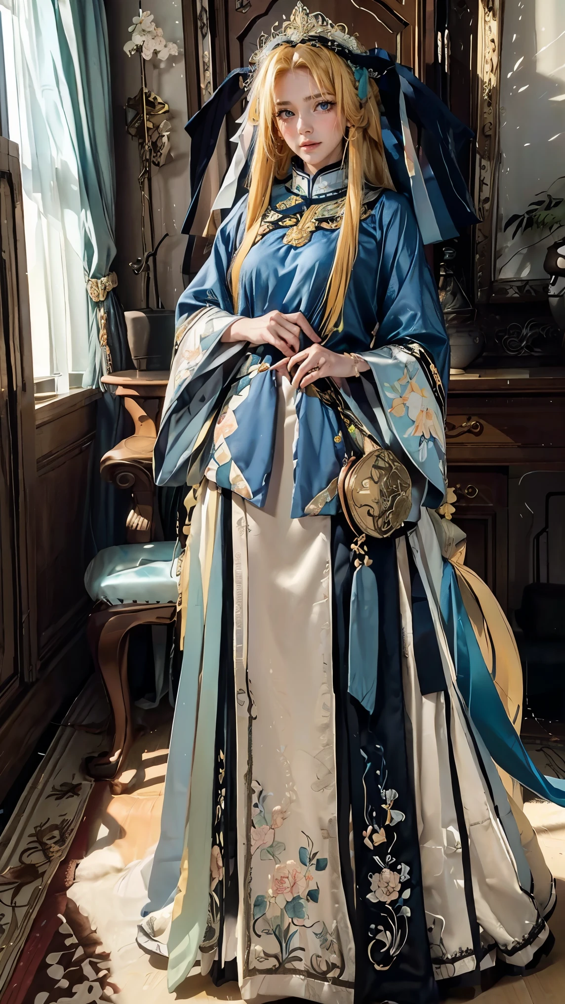 Best quality, masterpiece, ultra high res, raw photo, beautiful and aesthetic, deep shadow, fairy theme,(ultra detailed:1.3),
1girl, dynamic pose, headdress, drill hair, long hair, blonde hair, gradient hair, yellow eyes, solo, huge breasts, big hair, blue hair, divine goddess, looking at viewer, indoors, modern bedroom, room full of curtain, astraea, full body, white chinese clothes, black long skirt, floral print, long sleeves