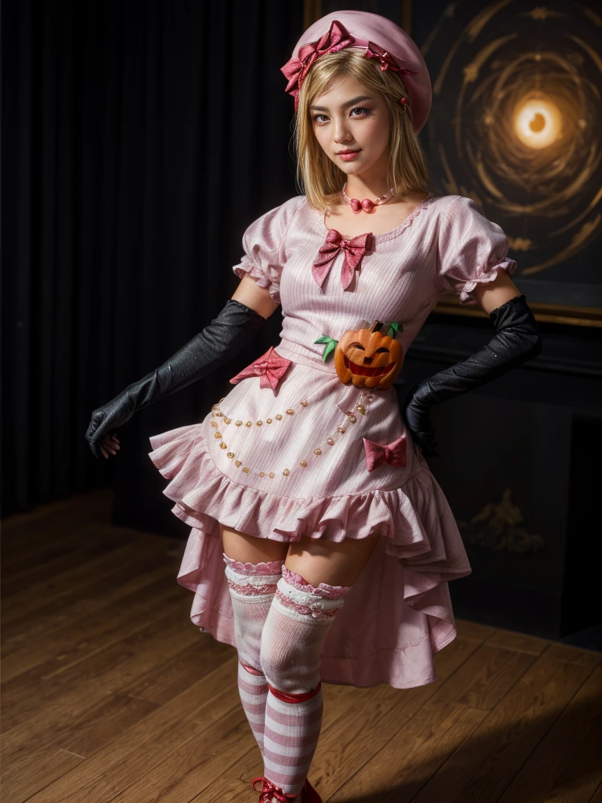 (1 lady), The beautiful, (Best quality at best:1.4), (ultra - detailed), (extremely detailed CG unified 16k), gold blonde hair, very detailed, High-definition RAW color photo, professional photoshooting, amazing face and eyes, cosmetics, (amazingly beautiful girl), ((lambdadelta, taller, tall woman)), ((dress, shoes bow, red shoes, striped stockings, red bow, pink hat, necklace, gloves, pearl, pumpkin brooch, pink dress)), standing, sexyposture,(Cosmic sea, superdimension, extremely detailed, detailed background, milky way), (look from down), realistic cinematic face, head to feet long wide zoomed out view, full body long view, photorealistic, ((realistic natural blonde hair style, red eyes)), gorgeous, extremely beautiful face, perfect model beauty, flirting smile, (mystical stare, looking eternity), (masterpiece), best quality, high resolution, depth of field, cinematic lighting, amazing legs, high heels, clear and well-cared skin
