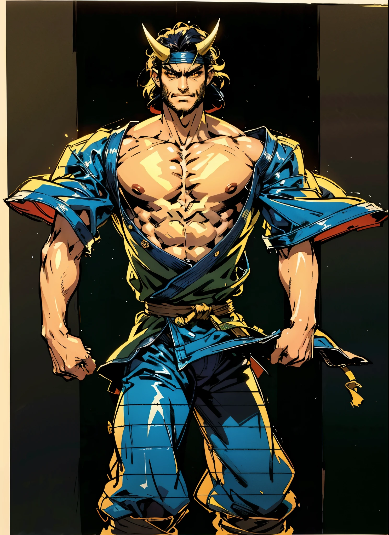 A middle-aged man with medium-length disheveled hair, a thick sideburn beard, wears an obsidian double-horned forehead protector, wild eyes, a confident smile, rugged features, a loose yellow robe in a fantasy martial arts style, an open collar revealing his muscular chest, a black cloth belt around his waist, loose flowing short sleeves, dark blue coarse cloth pants, standing atop a desolate mining hill under the scorching sun, his clothes flutter in the strong wind, this character embodies a finely crafted fantasy martial arts style monk in anime style, exquisite and mature manga art style, dramatic, high definition, best quality, highres, ultra-detailed, ultra-fine painting, extremely delicate, professional, perfect body proportions, golden ratio, anatomically correct, symmetrical face, extremely detailed eyes and face, high quality eyes, creativity, RAW photo, UHD, 32k, Natural light, cinematic lighting, masterpiece-anatomy-perfect, masterpiece:1.5