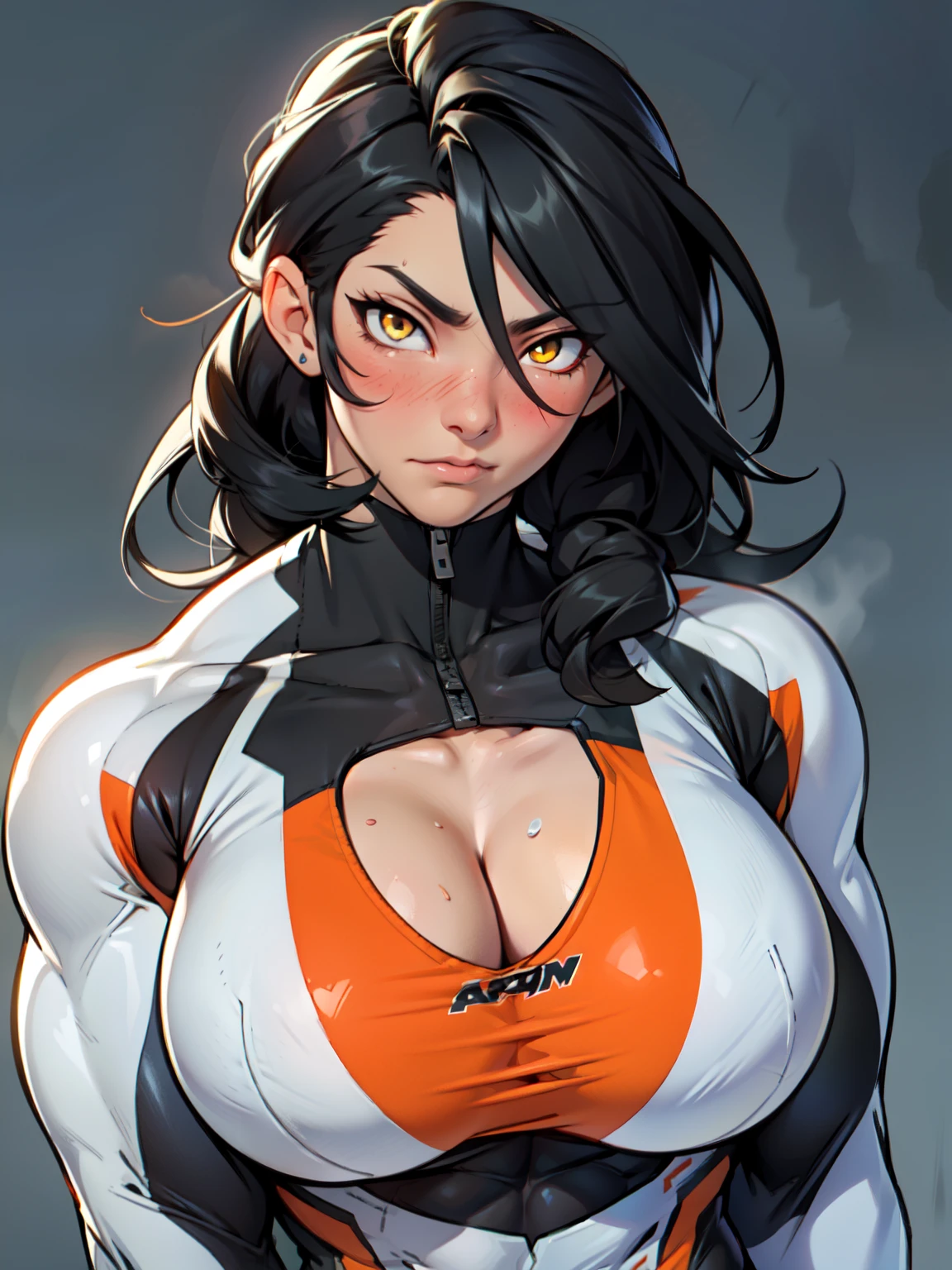 ((girl muscular thick)) pale skin black hair ultra detailed eyes huge large breasts toned body embarrassed blush very long hair skintight suit yellow eyes hair flaps cleavage