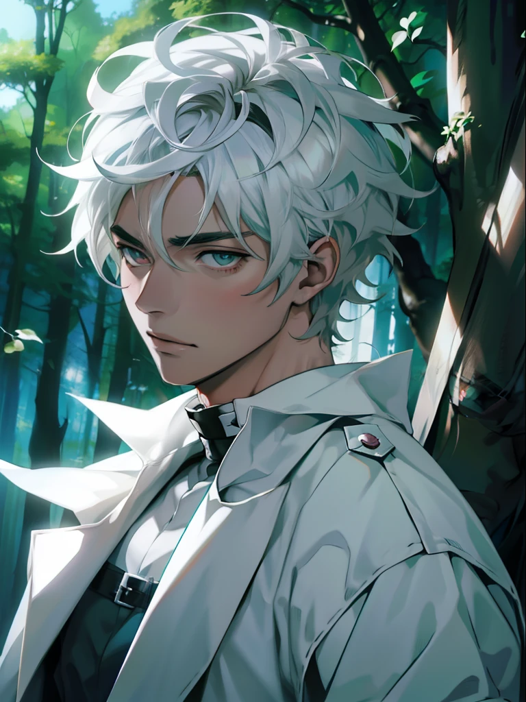 Anime character with white hair and red eyes standing in front of a green tree, Hajime Yataté, Dios de pelo blanco, Nagito Komaeda, Koyoharu Gotouge, Retrato de anime de un hombre guapo, Hombre alto de anime con ojos amarillos, Anime hombre guapo, Un loco de pelo plateado, Cangcang de pelo blanco, Chico guapo en el arte del asesino de demonios, Arte oficial