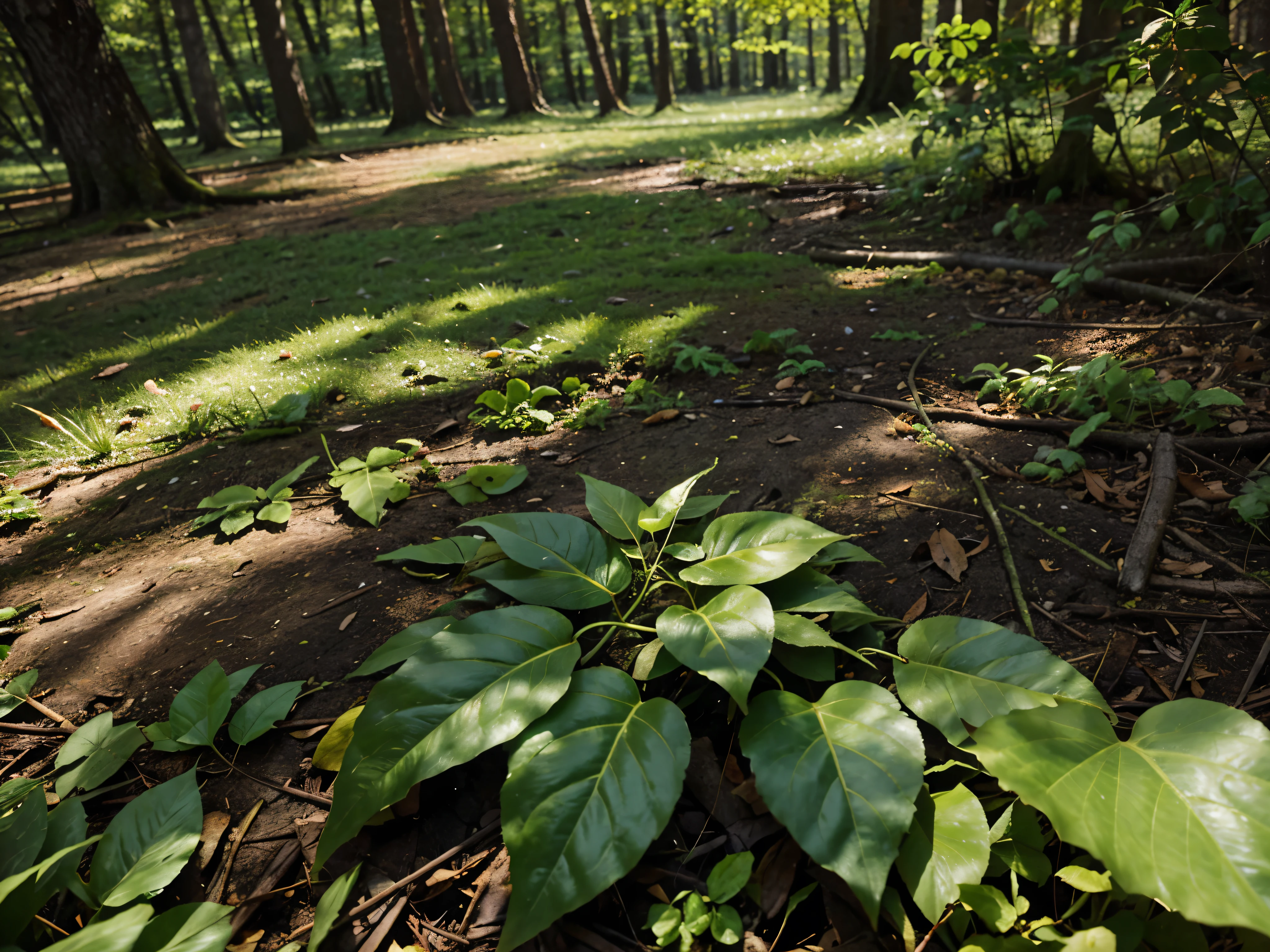 A leaf penetrated by sunlight,The background of the green forest looks spring-like