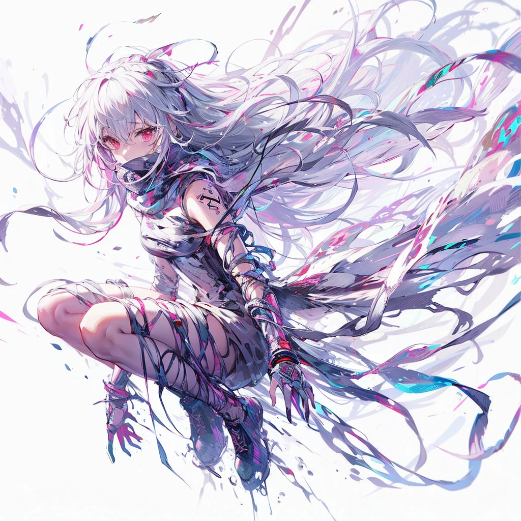 (masterpiece, highest quality), (Perfect athletic body: 1.2), (Detailed Hair), Very detailed, Anime Style, whole body, alone, Cyberpunk Paranormal Girl, whole body covered in rags, Vagabond style, Gray Hair, Red eyes, Floating in the air, Small stature, Supernatural Aura, Prism Hypnosis Aura. Beautiful and terrifying, Digital Painting, 8K high resolution, Trend Art Station, White Background, whole body,