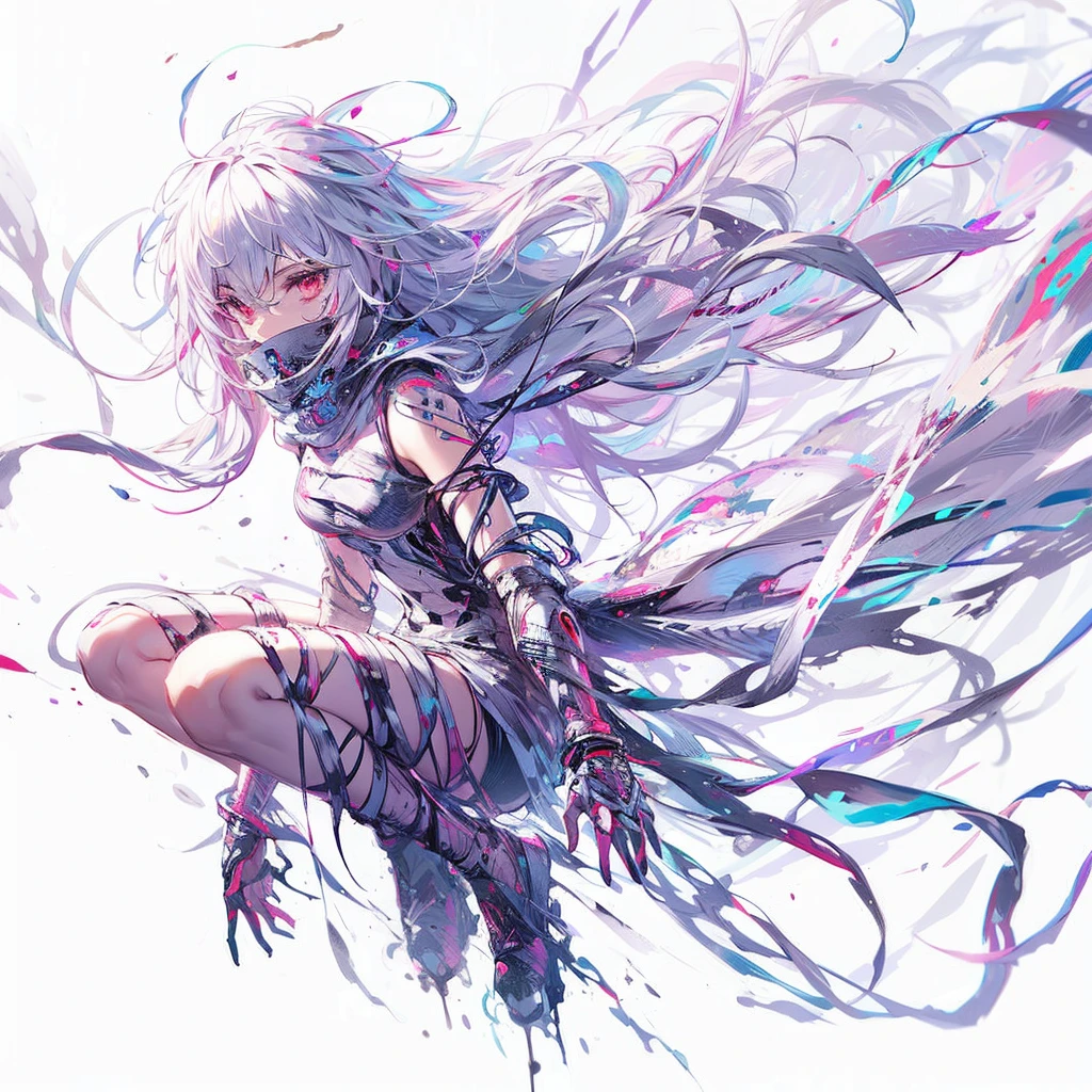 (masterpiece, highest quality), (Perfect athletic body: 1.2), (Detailed Hair), Very detailed, Anime Style, whole body, alone, Cyberpunk Paranormal Girl, whole body covered in rags, Vagabond style, Gray Hair, Red eyes, Floating in the air, Small stature, Supernatural Aura, Prism Hypnosis Aura. Beautiful and terrifying, Digital Painting, 8K high resolution, Trend Art Station, White Background, whole body,