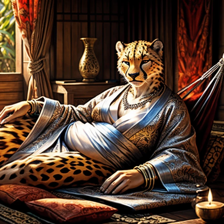 fat female cheetah, hammock, kimono, silver bracelets, silver necklace, silver earrings, detailed face, friendly face, detailed eyes, detailed nose, detailed lips, laying cheetah, realistic, photorealistic, ultra-detailed, 8k, best quality, masterpiece, cinematic lighting, dynamic composition, warm color palette, glowing fur, intricate patterns, flowing fabric