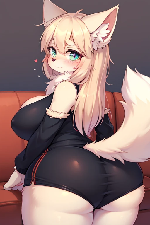 1girl, fluffy fur, large fluffy tail, any outfit, on couch in any pose, massive breasts and hips and butt, any fur color and pattern, any eye colors, any pupils, full face blush