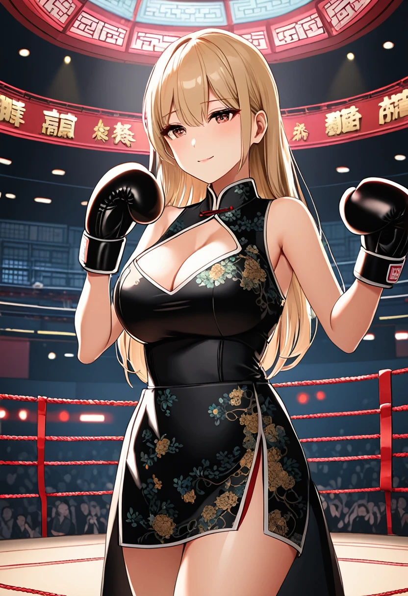 high quality, detailed picture, Girl, Arrogant smile, Long straight blond hair, Wearing cheongsam, Wearing boxing gloves, Black garter stockings,High heel, Standing alone in the octagon,Raise your hands to face height for defense,Large Breasts,Cleavage,Long legs,Thin waist