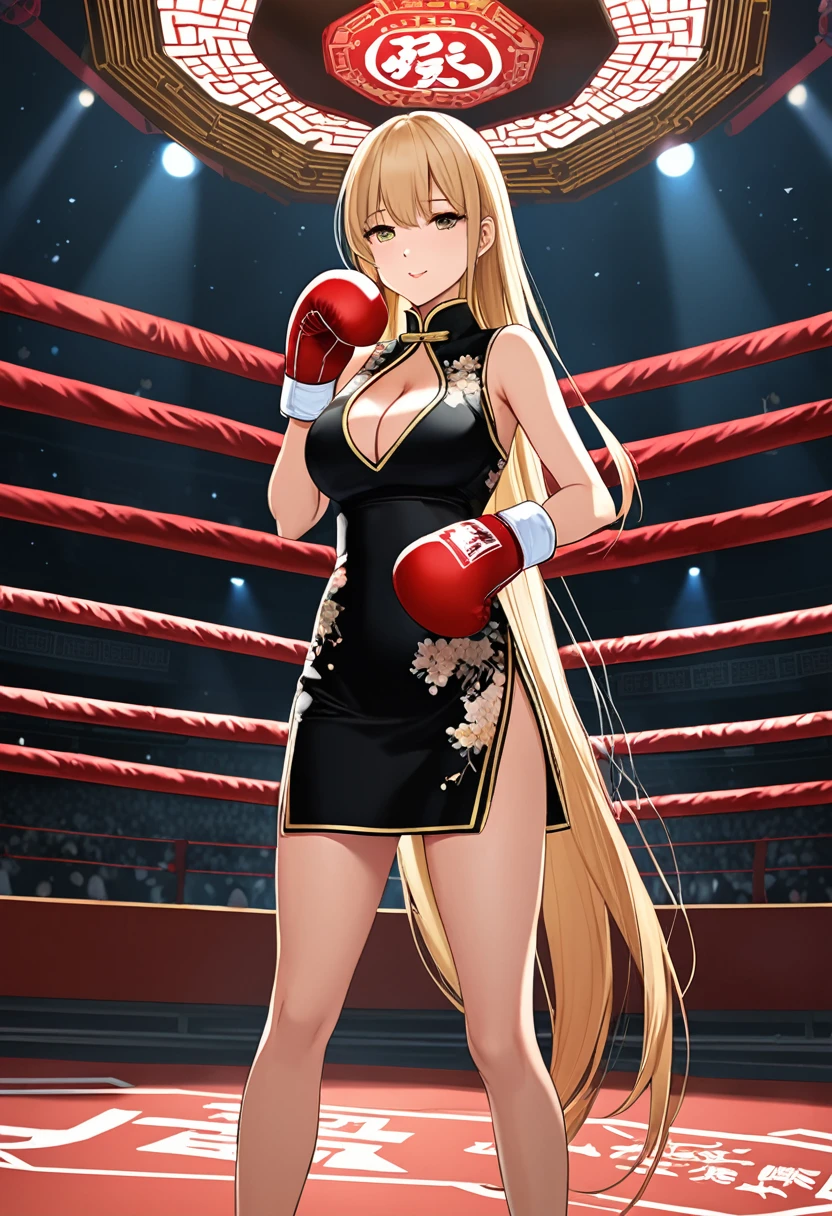 high quality, detailed picture, Girl, Arrogant smile, Long straight blond hair, Wearing cheongsam, Wearing boxing gloves, Black garter stockings,High heel, Standing alone in the octagon,Raise your hands to face height for defense,Large Breasts,Cleavage,Long legs,Thin waist