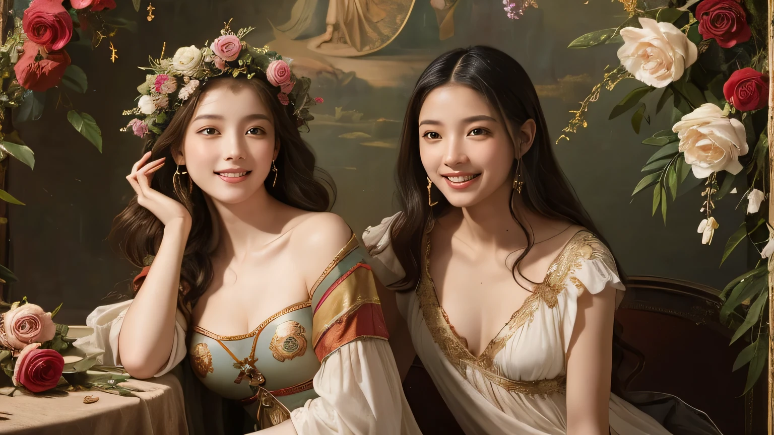 Giorgione painting style,Arguments of two female Philosophe,math、astronomical machine、astronaut、roses in vase、fruits、Cute trinkets、smile、ancient greek costume、Background is a forest lake at night 、Clothes that stretch your shoulders、A big smile、beautiful bare skin、A detailed representation of the seducing woman throughout her body.