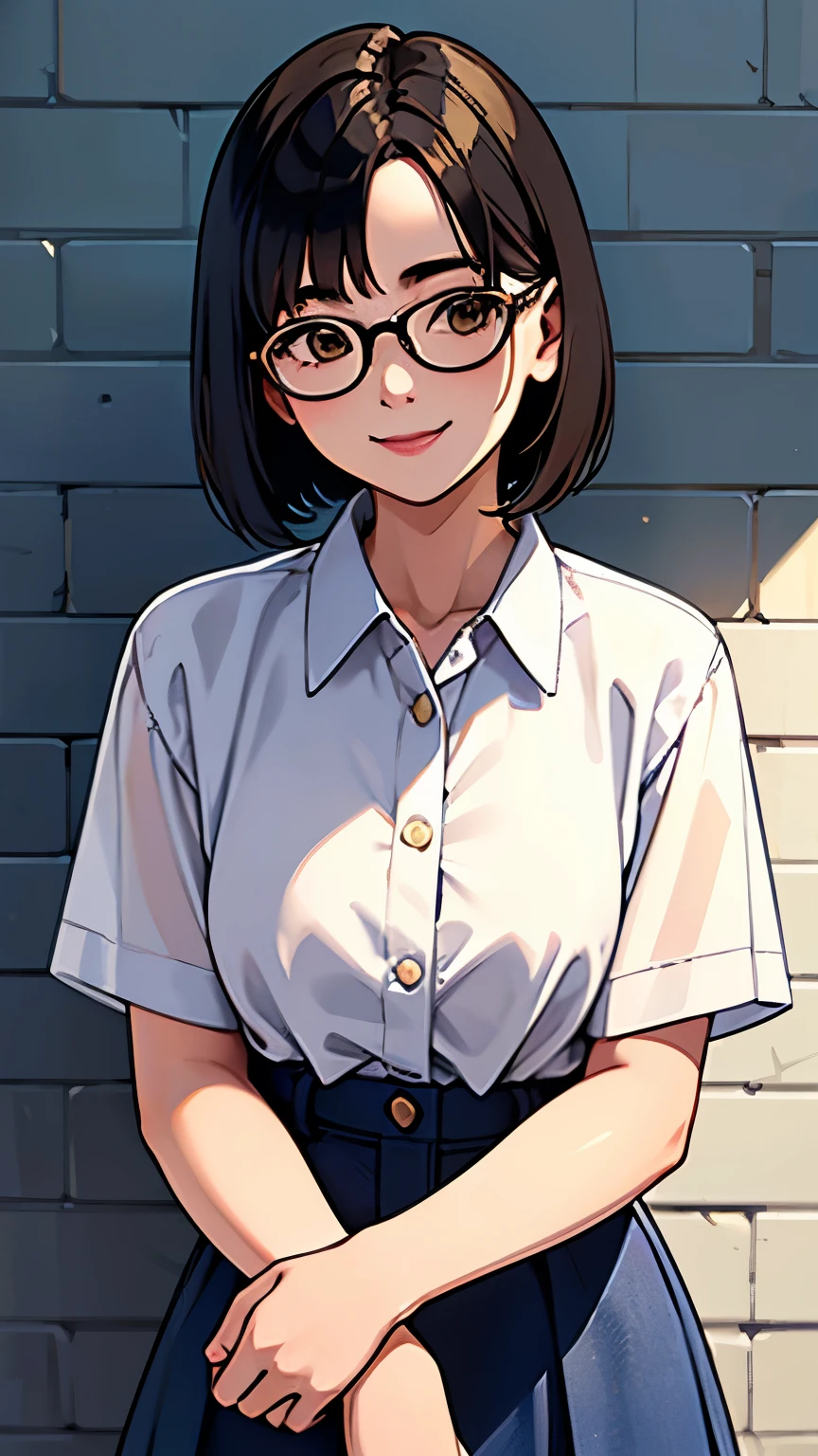 Young Woman looking this way、(highest quality, Natural light)、Stylish、noon, detailed background, 19 years old, Bob Hair、Gold-rimmed glasses、Gentle expression, Street fashion、smile、Posing