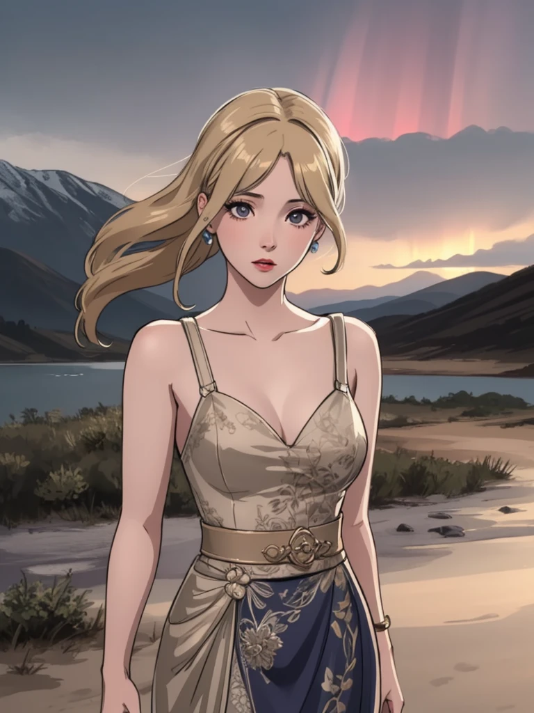 1 woman, standing, beautiful detailed eyes, beautiful detailed lips, extremely detailed face, long eyelashes, intricate hairstyle, elegant dress, cinematic lighting, fantasy landscape, mountainous background, glowing aurora, ethereal atmosphere, mist and fog, digital painting, award-winning art, photorealistic, 8k, high quality