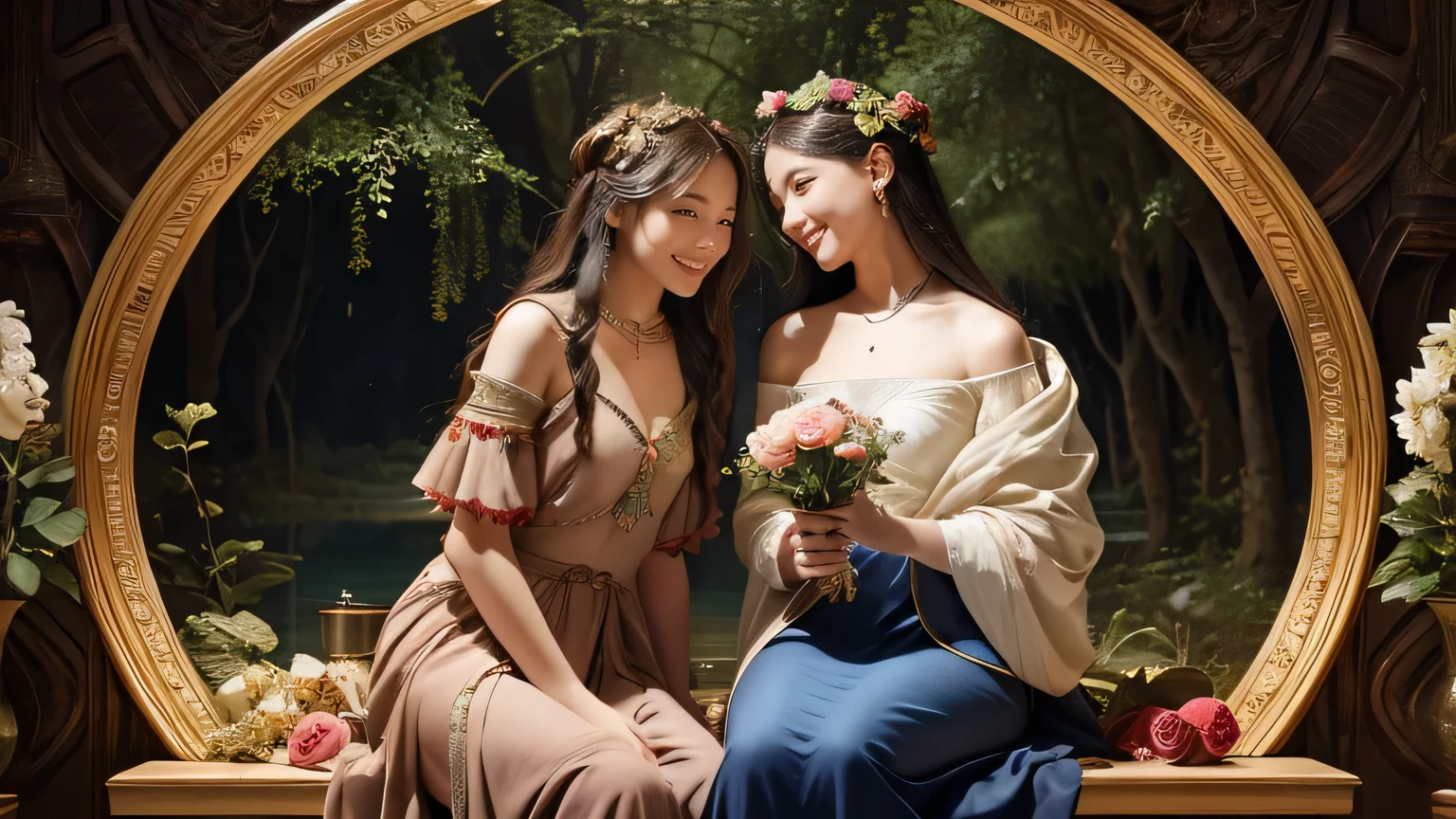 Giorgione painting style,Arguments of two female Philosophe,math、astronomical machine、astronaut、roses in vase、fruits、Cute trinkets、smile、ancient greek costume、Background is a forest lake at night 、Clothes that stretch your shoulders、A big smile、beautiful bare skin、A detailed representation of the seducing woman throughout her body.