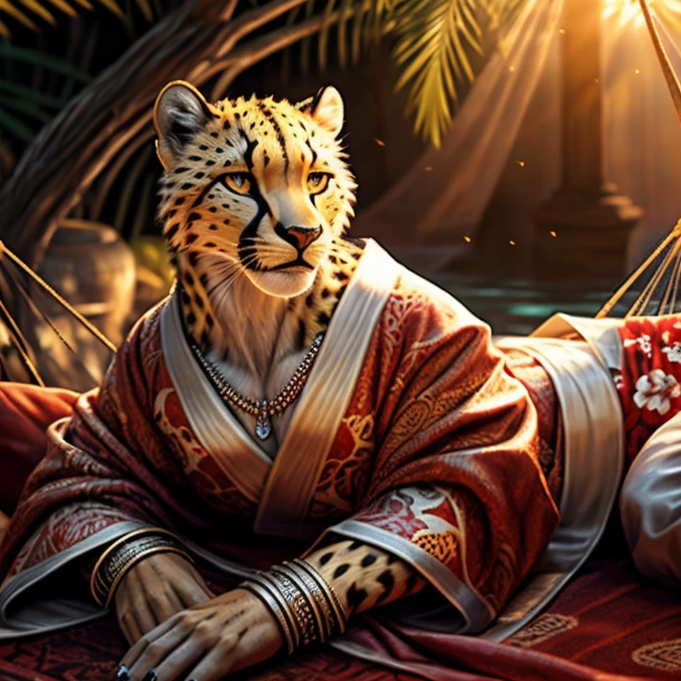 fat female cheetah, hammock, kimono, silver bracelets, silver necklace, silver earrings, detailed face, friendly expression, detailed eyes, detailed nose, detailed lips, laying cheetah, realistic, photorealistic, ultra-detailed, 8k, best quality, masterpiece, cinematic lighting, dynamic composition, warm color palette, glowing fur, intricate patterns, flowing fabric