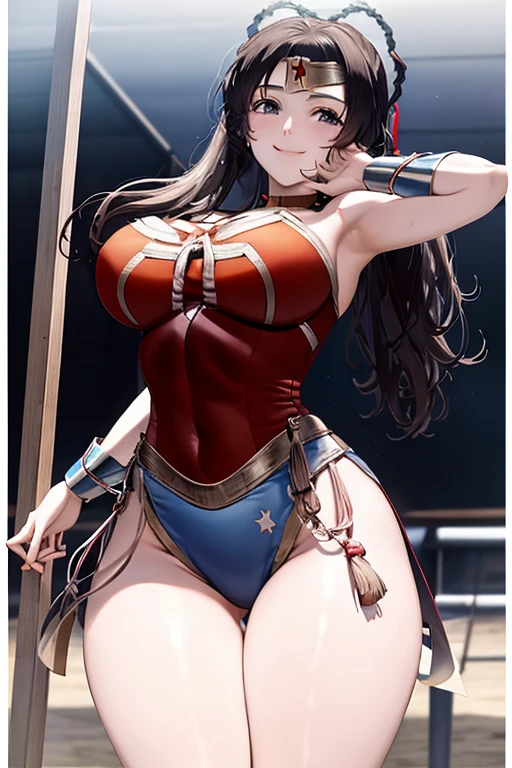 masterpiece, best quality, beautiful art, high resolution, well formed hands, body and fingers, 1 woman, solo, Xiangling, wearing a wonder woman outfit , long hair, , adult, big ed, cleava ribbon, full body, sexy and skimputfit , gorgeous legs and thighs , she is doing exercise, warming up, working out, sexy and captivat training, looking at the viewer, smiling joyfully and happily , sweating , bouncing breasts , training msession, beach environment 