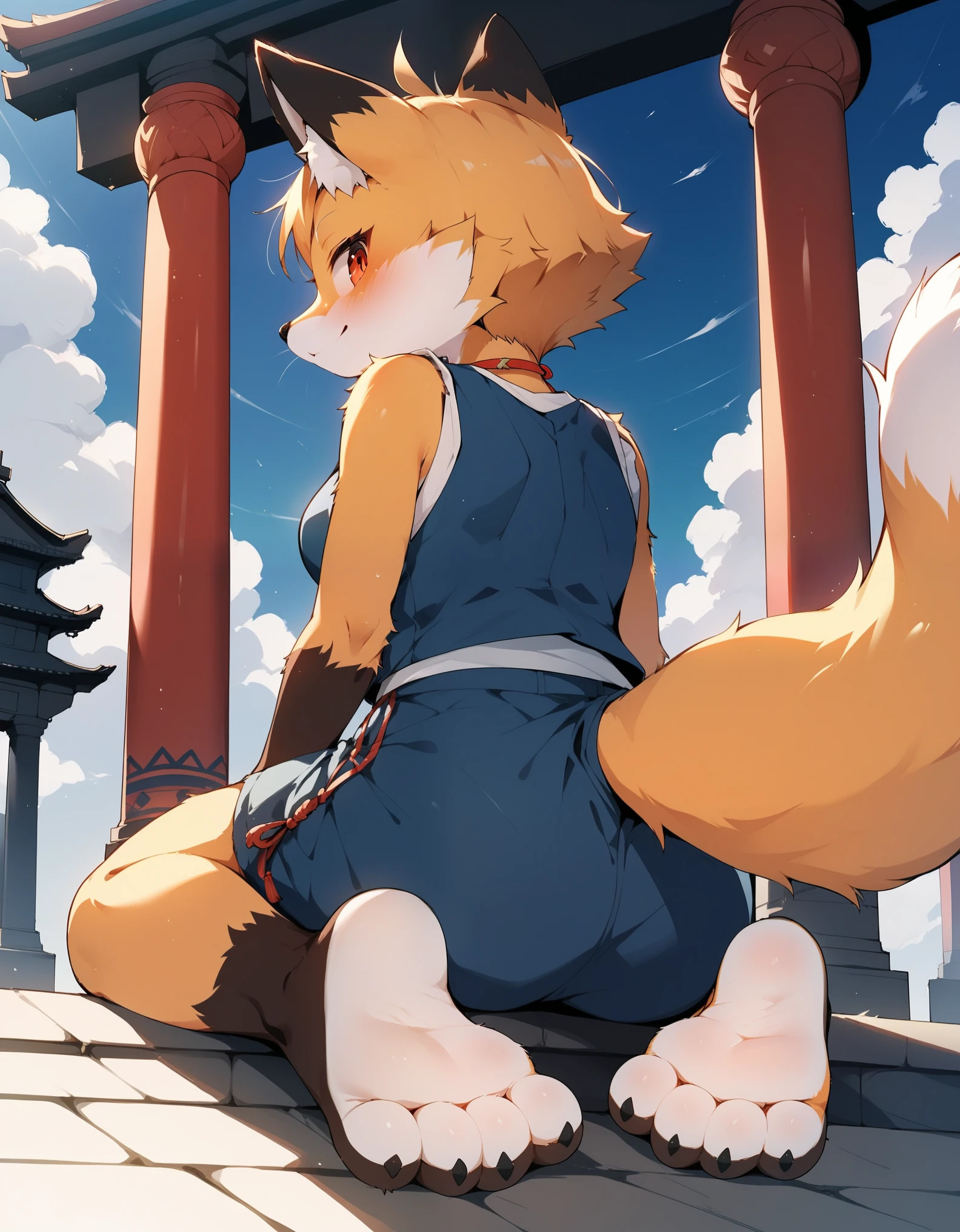 score_9, score_8_up, score_7_up, score_6_up, source_anime, rating_safe, furry female, solo, dagasi_style,, furry, temple, fox girl, sitting, low view, from behind, soles at spectator, showing soles, grinning, paws, 3 toes, barefoot, paws