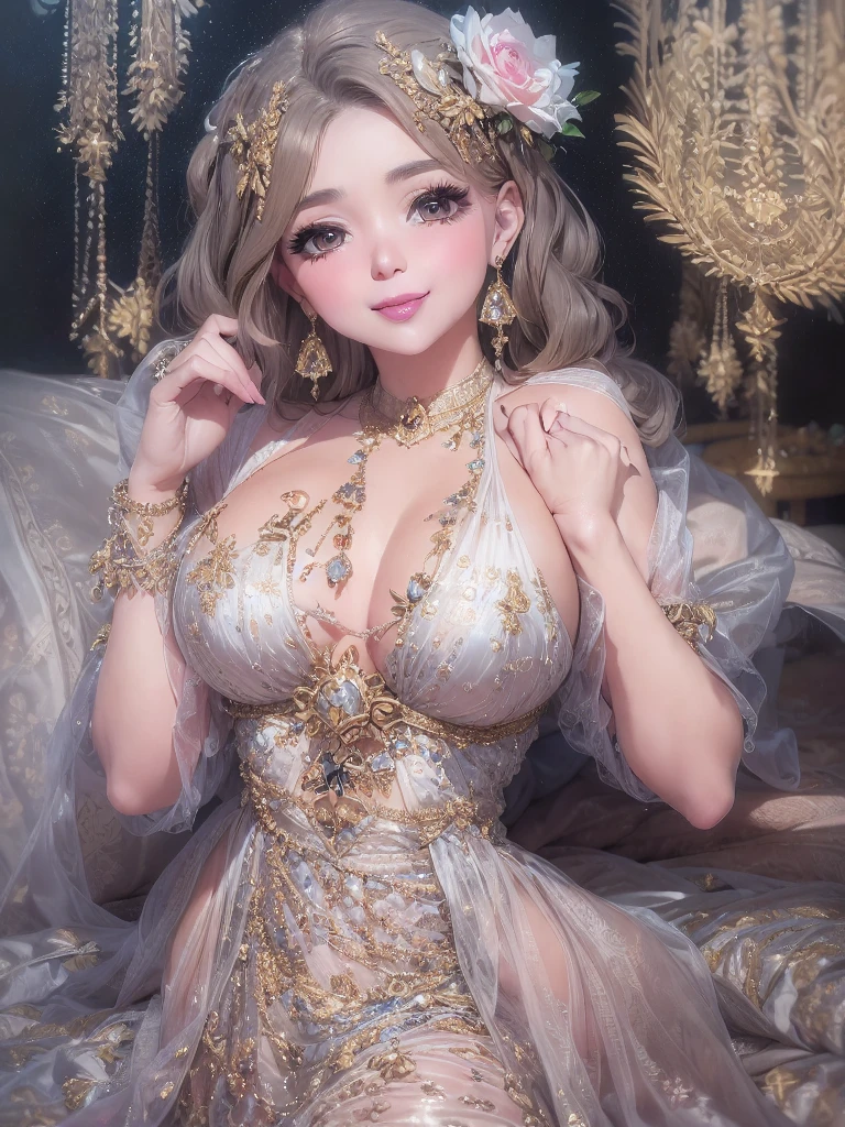 Mature Woman, Looking at the audience, Attractive breasts,Sensual curves、bubble、Full Body Shot,Nightgown, Charming smile, Thick lips, plump唇, blush, Looking at the audience, Provocative expression, Beautiful Hairstyles, Cleavage, plump、Curvy Hips、Attractive face、Mischievous face、Sexy Lingerie、An inviting gaze、Expressing emotions、colored feather, Money属装飾品, particle, Light, (masterpiece, highest quality, highest quality, Official Art, beautifully、aesthetic:1.2), (1 girl:1.3), Very detailed,(Fractal Art:1.1),(colorful:1.1)(flowerズ:1.3),Most detailed, (Dynamic pose), (Shiny skin), (Many colors :1.4), ,(Earrings:1.4), (feather:1.4),masterpiece,Mr.々Hair style,Moneyのヘッドバンド,Tulle covers the chest,Perfect balance, Detailed details of the garment,marble,cinematicLighting, Film Grain, contrast of Light and dark,High detail,(((Gorgeous Accessories))))、Openwork decoration,(((See-through dress)))、(((Anatomically correct body))) ,1 girl, (High resolution), (8k), (Very detailed), Perfect Face, Beautiful eyes and face, (((highest quality))), (Very detailed), Detailed face and eyes, Beautiful Eyes,(((Sexy pose))),Beautiful Eyes、Transparent double eyelids、(((Super gorgeous background)))、Bright Eyes,Money,diamond,gem,Body Chain,Luxury Accessories,beautifully、aesthetic,flower、(((Super gorgeous background)))、Bright Eyes