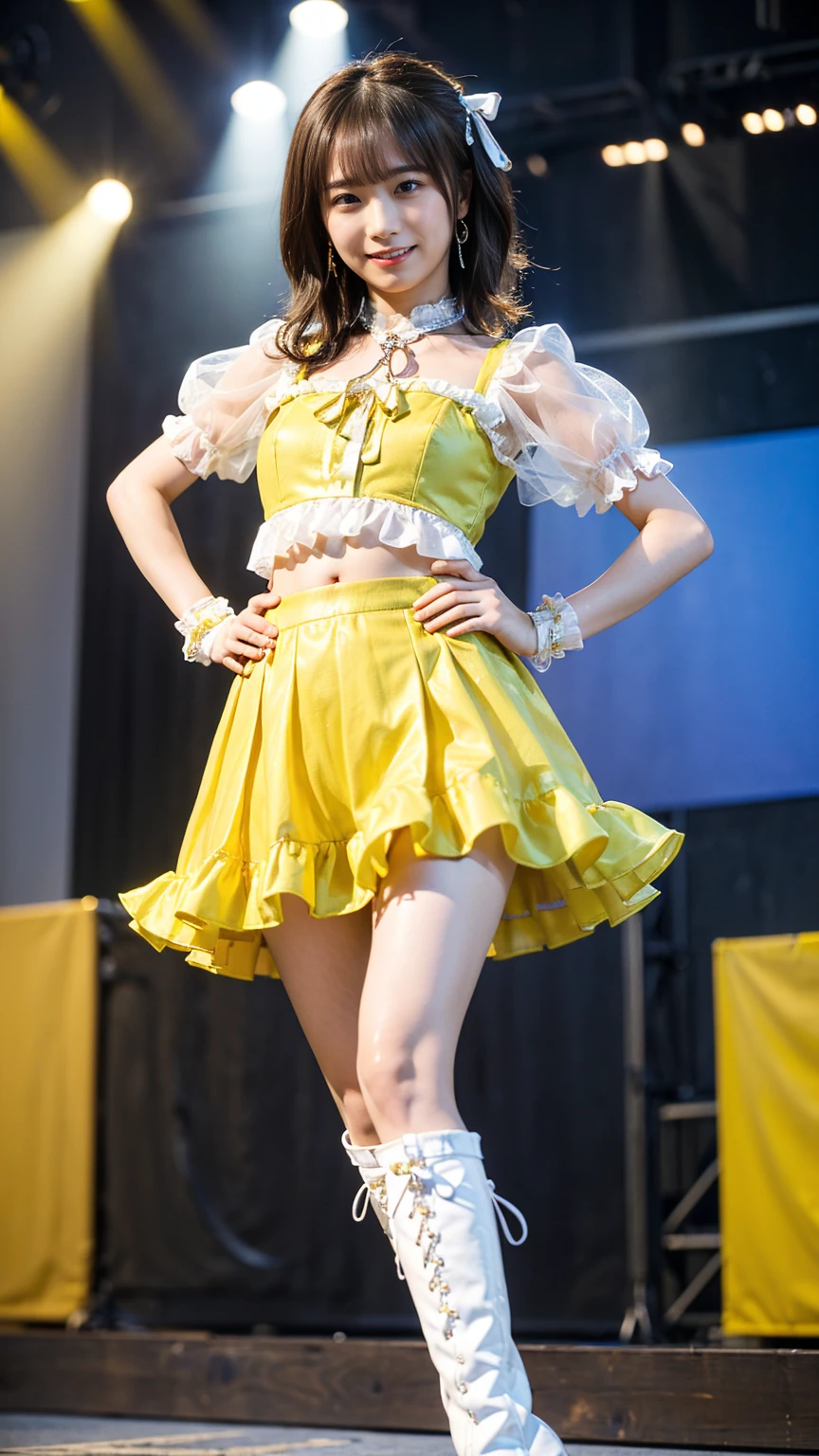 (8k、RAW Photos、highest quality、masterpiece:1.2)、(Realistic、Realistic)、1 girl、((Yellow mini skirt、Belly button、smile、Frills、Arm Covers、See-through、stage、Spotlight、Straight Hair、ribbon、boots、Standing with hands on hips))、