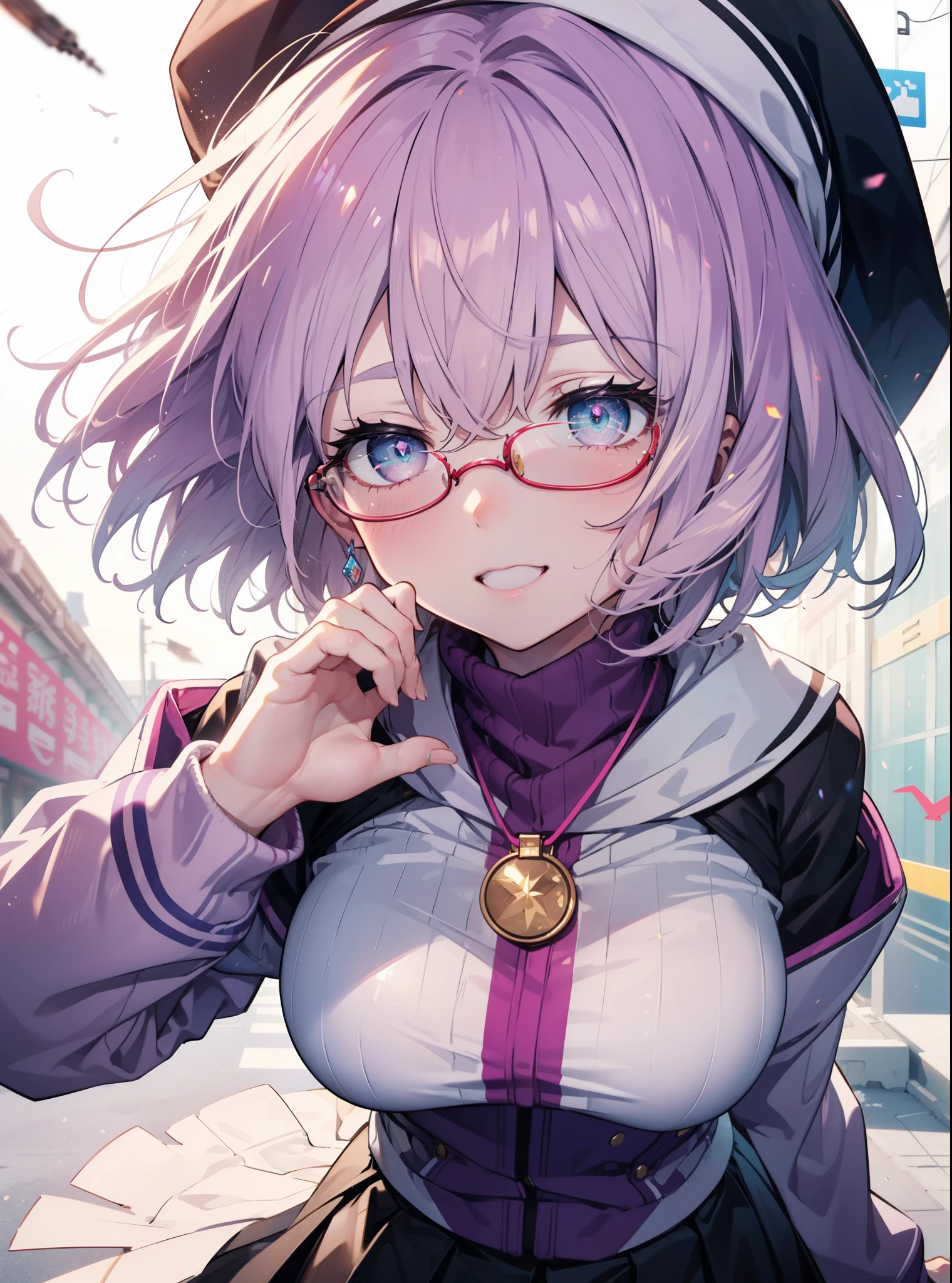 akaneshinjou, shinjou akane, Light purple hair, (Pink Eyes:1.2), short hair,Akagi glasses,hair band,Rocket Pendant,White Breath,Big Breasts,Purple Coat,White Sweater,happy smile, smile, Open your mouth,Black long skirt,Red muffler,Knitted hat,put one&#39;s hands in one&#39;s coat pockets,Daytime,cloudy,snow,snowが降り積もっている,whole bodyがイラストに入るように,Looking up from below,
 break looking at viewer,whole body,               　　　　　　　 break outdoors 森, nature, 　　　　　　　　　　　break (masterpiece:1.2), highest quality, High resolution, unity 8k wallpaper, (shape:0.8), (Beautiful and beautiful eyes:1.6), Highly detailed face, Perfect lighting, Highly detailed CG, (Perfect hands, Perfect Anatomy),