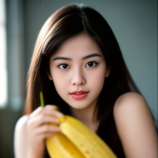 A woman holds a banana in her hand., With a new beauty, young and cute girl, sexy girl, good girl, 18 years old, She is about 20 years old., She is about 20 years old., 22 years old, Asian girl, 19 year old girl, professional lighting, Sony A7R4, 50 mm sitting lens. ,Beautifully detailed eyes,