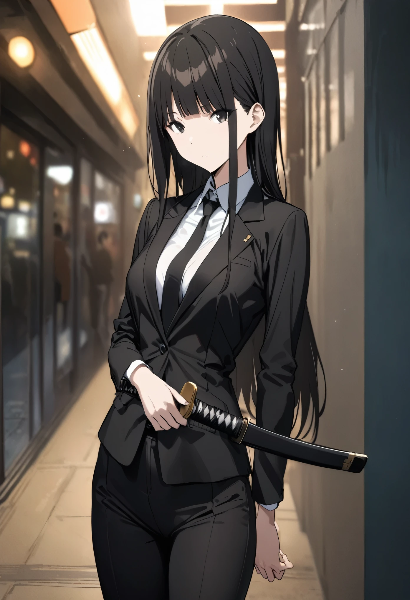 ((masterpiece, highest quality:1.3)),cowboy shot,25 year old beauty,solo,very small head,black hair,long hair,black eyes,blunt,skinny,medium breasts,long body,slender body,skinny,shiny skin,oily skin,Expressionless、Wearing a black formal suit、Black tie、Black jacket、Black slacks、Japanese sword in its sheath、carry a Japanese sword、Shibuya Station、neon、at night、