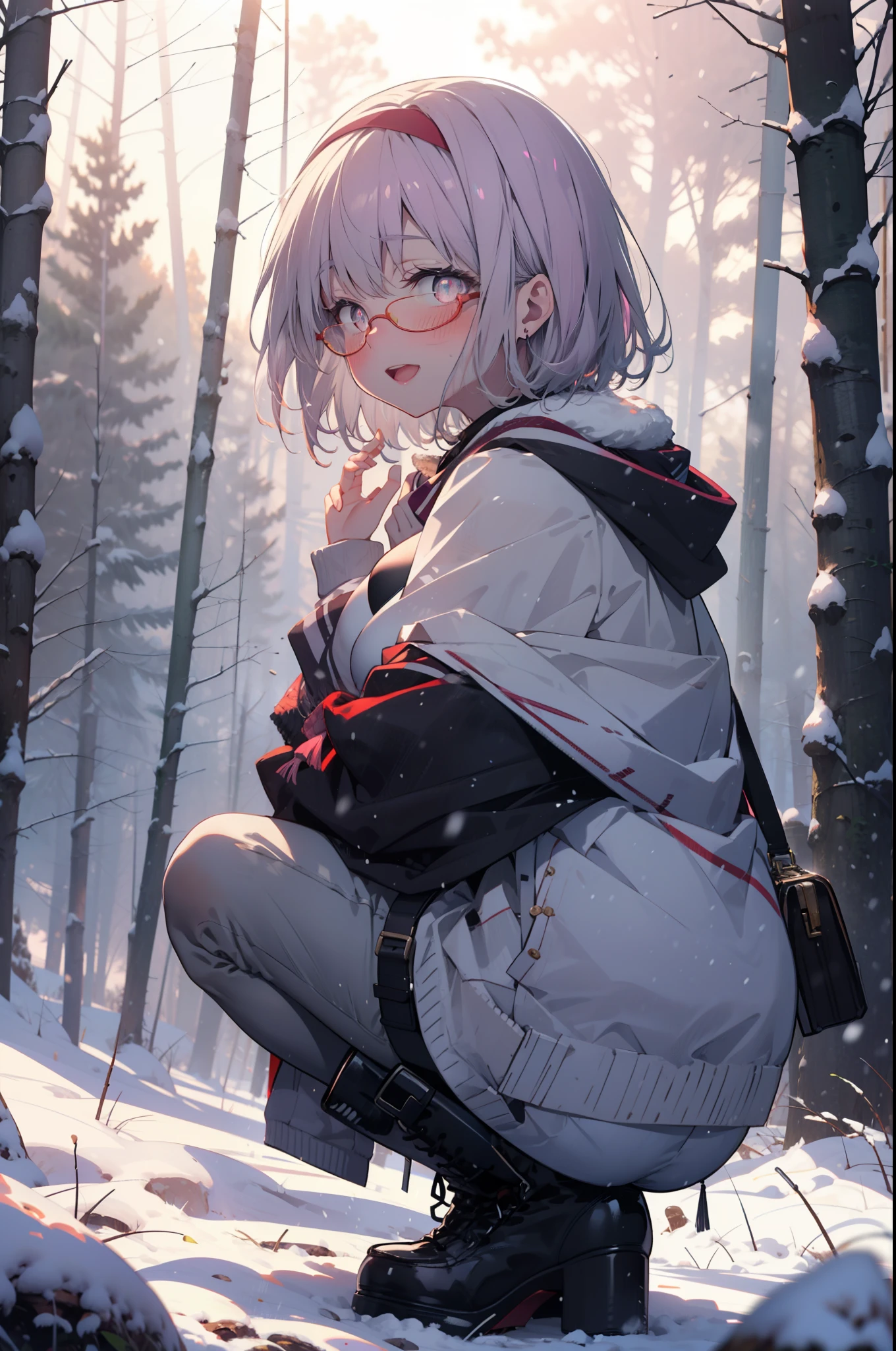 akaneshinjou, shinjou akane, Light purple hair, (Pink Eyes:1.2), short hair,Akagi Glasses,hair band,smile,blush,White Breath,Big Breasts,
Open your mouth,snow,Ground bonfire, Outdoor, boots, snowing, From the side, wood, suitcase, Cape, Blurred, having meal, forest, White handbag, nature,  Squat, Mouth closed, Cape, winter, Written boundary depth, Black shoes, red Cape break looking at viewer, Upper Body, whole body, break Outdoor, forest, nature, break (masterpiece:1.2), highest quality, High resolution, unity 8k wallpaper, (shape:0.8), (Beautiful and beautiful eyes:1.6), Highly detailed face, Perfect lighting, Highly detailed CG, (Perfect hands, Perfect Anatomy),