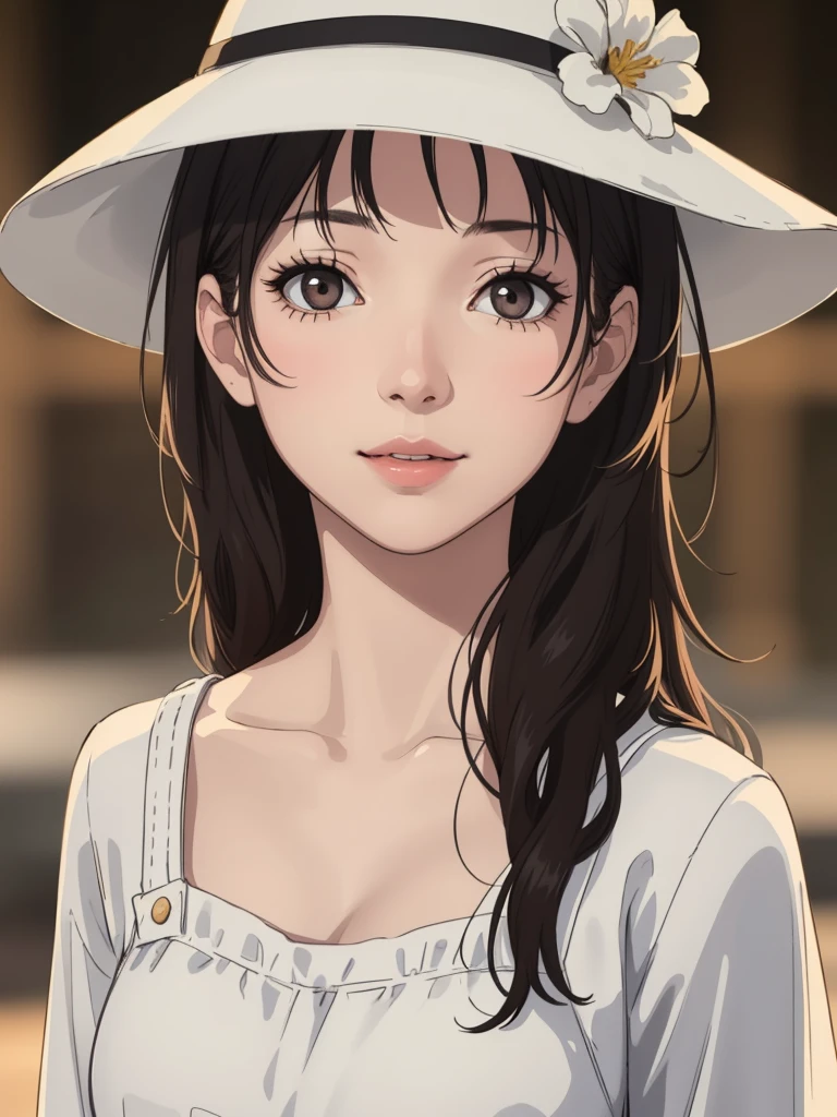 1girl,standing,beautiful detailed eyes,beautiful detailed lips,extremely detailed face,long eyelashes,white dress,large sun hat,slight smile,black hair,brown eyes,(best quality,4k,8k,highres,masterpiece:1.2),ultra-detailed,(realistic,photorealistic,photo-realistic:1.37),elegant,soft lighting,warm color tones,natural background