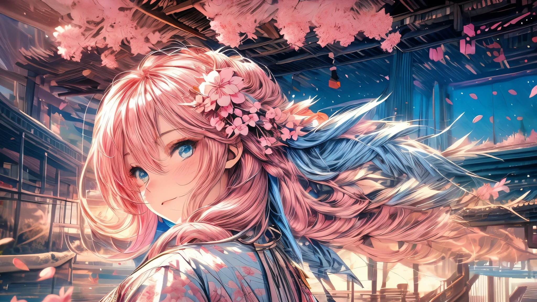 Detailed anime style, Beautiful and stunning artwork, Bright shadows, strong colors, Pastel cotton candy, a beautiful woman, pink hair, blue eyes, Beautiful scenery, Cherry blossom leaves, Linear and detailed illustration