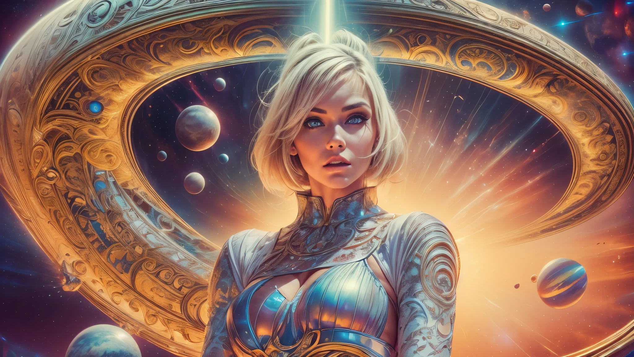 Sci-fi magazine cover by Lou Cameron, outer spaces, planets, stars, rockets, flying saucers, aliens, Lazer guns, Lazer beams, (beautiful woman, detailed hands, detailed eyes, worried expression),