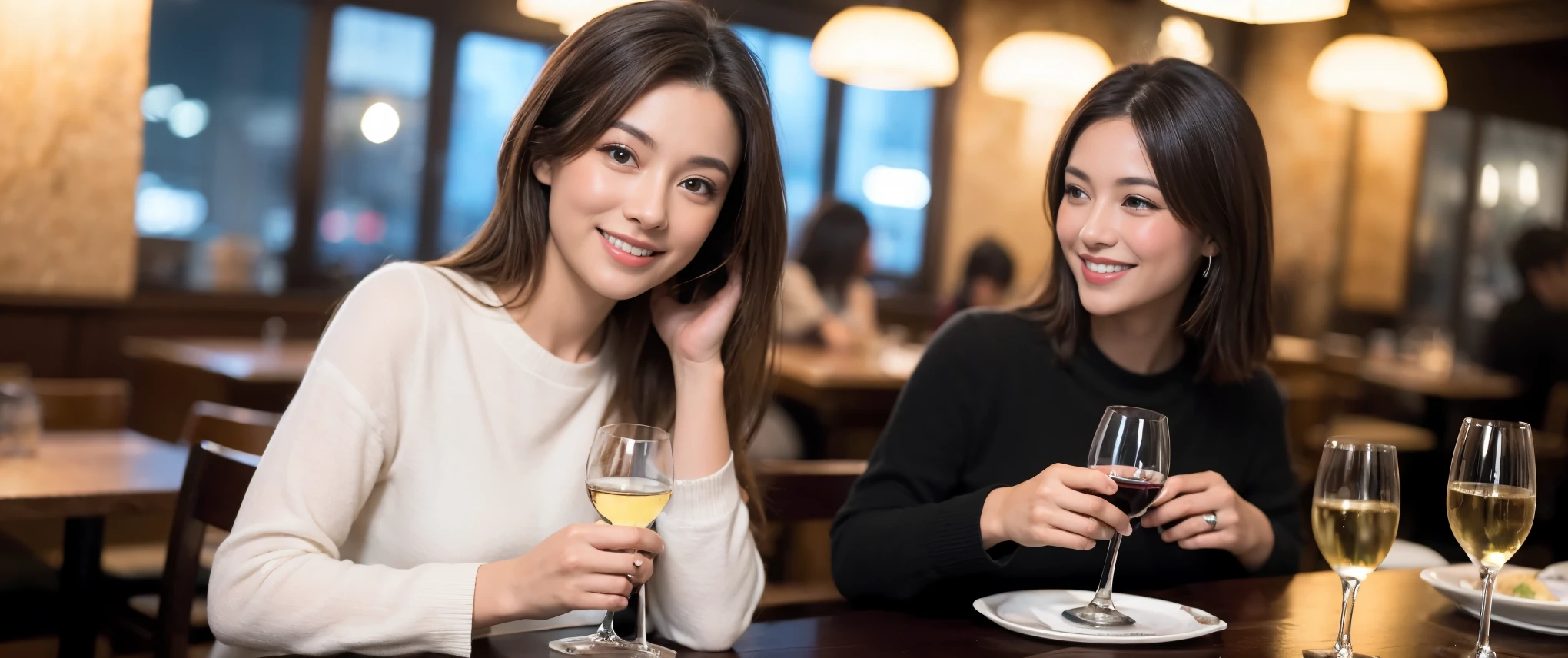 (Contains k, Hmph, highest quality, Tabletop: 1.2), (Realistic, photoRealistic: 1.37), Amazing view of the sunset sky and clouds、Amazing mountain views、Long sleeve shirt、Winter Fashion、Columbia、Brazilian、Japanese、Dutch、German、Portuguese、Belgian、Italian、French,Champagne、sparkling wine、 (slimフェイス), (slimボティ), (Brown Hair), (shortcut), Pure beauty、cheeks turn a little red, (42 years old), 40 years old, alone, 窓の外には美しく緻密なnight景が広がります., restaurant, wine glassが座っている, nightに, In a prominent place (from the Upper Body) Nova Frog Style, actress, model, Upper Body, White wine, slim, wine glass, Super Clean night View, wine glass Put in the Middle, Happy smile, (smile: 1.15), Beautiful and detailed, Upper Body, Destroy Japan, night, short, short, actress, model, Upper Body, White wine, slim, wine glass, Super Clean night View, wine glass Put in the Middle, Happy smile,