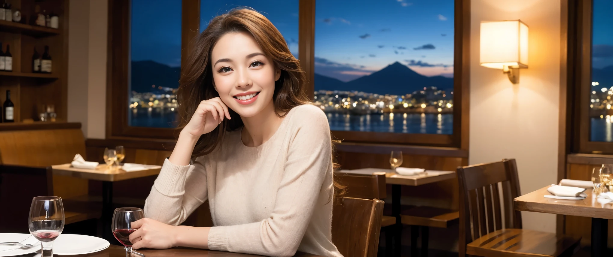 (Contains k, Hmph, highest quality, Tabletop: 1.2), (Realistic, photoRealistic: 1.37), Amazing view of the sunset sky and clouds、Amazing mountain views、Long sleeve shirt、Winter Fashion、Columbia、Brazilian、Japanese、Dutch、German、Portuguese、Belgian、Italian、French,Champagne、sparkling wine、 (slimフェイス), (slimボティ), (Brown Hair), (shortcut), Pure beauty、cheeks turn a little red, (42 years old), 40 years old, alone, 窓の外には美しく緻密なnight景が広がります., restaurant, wine glassが座っている, nightに, In a prominent place (from the Upper Body) Nova Frog Style, actress, model, Upper Body, White wine, slim, wine glass, Super Clean night View, wine glass Put in the Middle, Happy smile, (smile: 1.15), Beautiful and detailed, Upper Body, Destroy Japan, night, short, short, actress, model, Upper Body, White wine, slim, wine glass, Super Clean night View, wine glass Put in the Middle, Happy smile,
