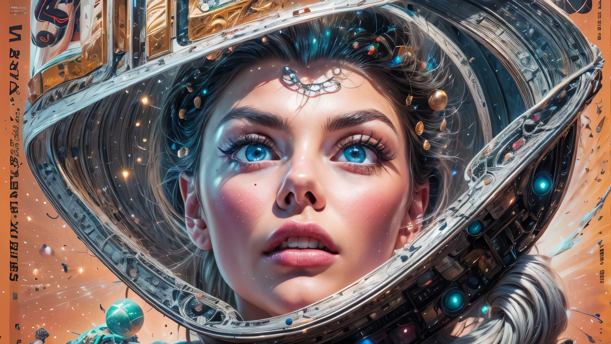 Sci-fi magazine cover by Lou Cameron, outer spaces, planets, stars, rockets, flying saucers, aliens, Lazer guns, Lazer beams, (beautiful woman, detailed hands, detailed eyes, worried expression),