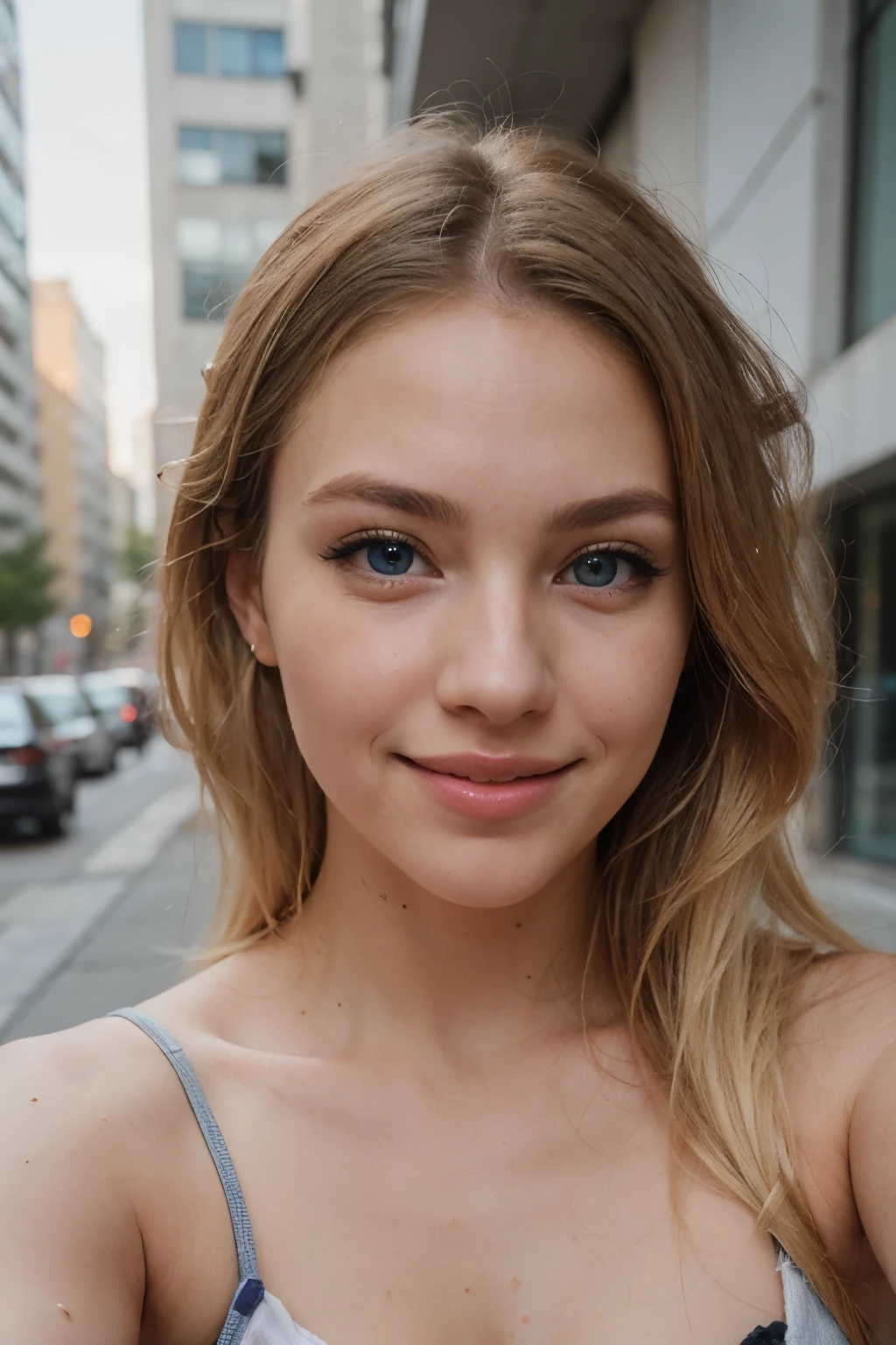 ((Young woman with blonde hair and blue eyes)) ((good quality in urban environment)) ((taking a selfie)) ((pretty girl)) white complexion)) ((perfect face with long eyelashes)) ((pretty smile)) ((Full lips))