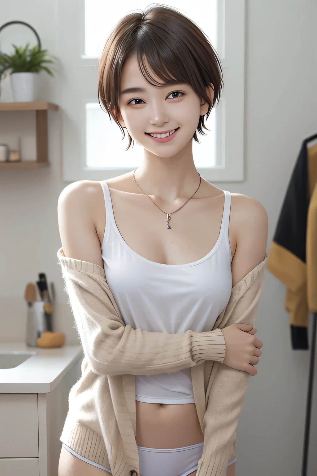 205 ((short hair)), 20-year-old female, In underwear、Put a cardigan over your shoulders、 A refreshing smile、Beautiful teeth alignment、Dark eyeliner、Dark brown hair、ear piercing、Necklace around the neck、Looking at the camera