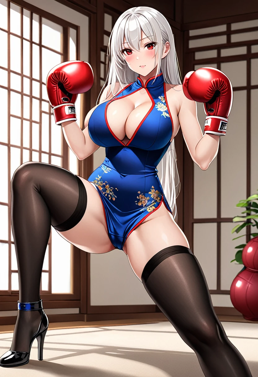 high quality,Mature beauty,White straight hair,Red Eyes,shy,blush,Wearing cheongsam,Black stockings,High heel,Wearing boxing gloves,Cleavage,Large Breasts,Camel toe,Long legs,Thin waist,Vest line,Absolute Domain,Sexy pose