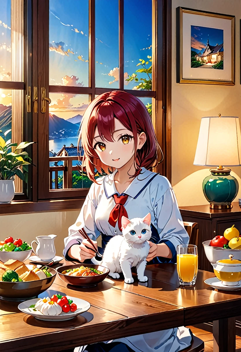 (Panorama, center, masterpiece, highest quality: 1.2), (8K, Raw photo, highest quality), ((masterpiece:1.2)), Realistic, Ultra-high resolution, High Contrast, Photon Mapping, Bright colors, Real, Ultra-detailed, Very detailed, Raw photo, Genuine, Official Art, RAW Photos, Professional Lighting, Light, Professional Writing, twiceLight, Vivid atmosphere, High-definition CG, Unity8k), Matsumoto Izumikaze, A girl in a high  and a white kitten、Eating in the living room。A warm light envelopes a girl and a kitten.、The atmosphere is fun, friendly and safe。On the dining table、A lineup of homemade dishes、enjoying。The interior of the house、Beautifully appointed、It creates a peaceful atmosphere。Family photos and memorabilia on the walls々Decorated with、You can feel the family history and ties.。There&#39;s a fire in the fireplace、The warmth spreads throughout the house.。There are plants in the living room、You can feel the vitality of nature。Outside the window、There is a beautiful garden。Colorful flowers bloom in the garden、I can see the little birds chirping。Family ties in nature are emphasized、It gives a sense of the beginning and growth of life.。The home is a sacred place.、By valuing time with family、It symbolizes a day of peace of mind and fulfillment.。Captivating natural beauty,Shining Star Fragment, An atmosphere that exudes the excitement of adventure。An atmosphere that makes you feel happy and joyful。High Fantasy Worldview,　A magnificent compositionや比率が美しく描写, Guardian nebula of rainbow light and silvery vapor, Corrosive Encirclement Ray Family Color, Slimy air, A magnificent composition, Epic proportions,