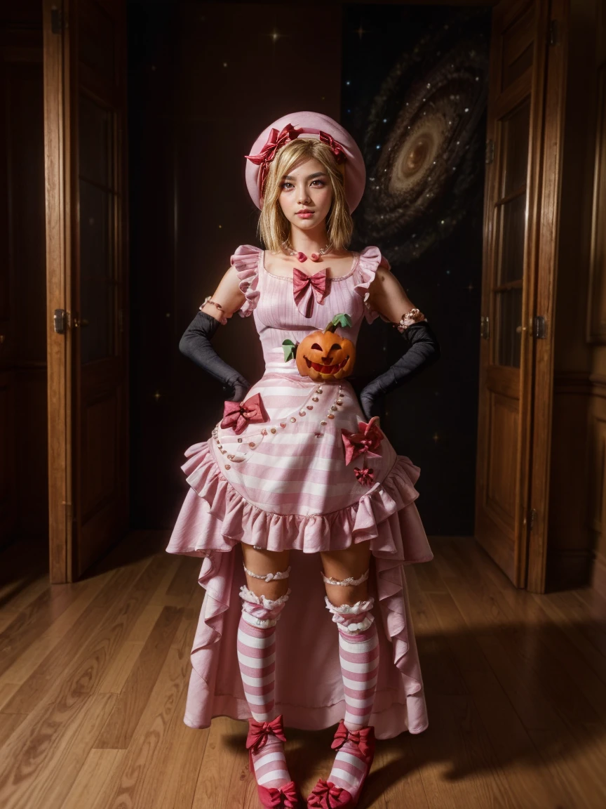 (1 lady), The beautiful, (Best quality at best:1.4), (ultra - detailed), (extremely detailed CG unified 16k), gold blonde hair, very detailed, High-definition RAW color photo, professional photoshooting, amazing face and eyes, cosmetics, (amazingly beautiful girl), ((lambdadelta, taller, tall woman)), ((dress, shoes bow, red shoes, striped stockings, red bow, pink hat, necklace, gloves, pearl, pumpkin brooch, pink dress)), standing, fashion posture, (She's levitating in a cosmic sea superdimension, extremely detailed, detailed background, milky way, quantum hyperspace room lacking walls, hyperspace chamber), (look from down), realistic cinematic face, head to feet long wide zoomed out view, full body long view, photorealistic, ((realistic natural blonde hair style, red eyes)), gorgeous, extremely beautiful face, perfect model beauty, flirting smile, (mystical stare, looking eternity), (masterpiece), best quality, high resolution, depth of field, cinematic lighting, amazing legs, high heels, clear and well-cared skin