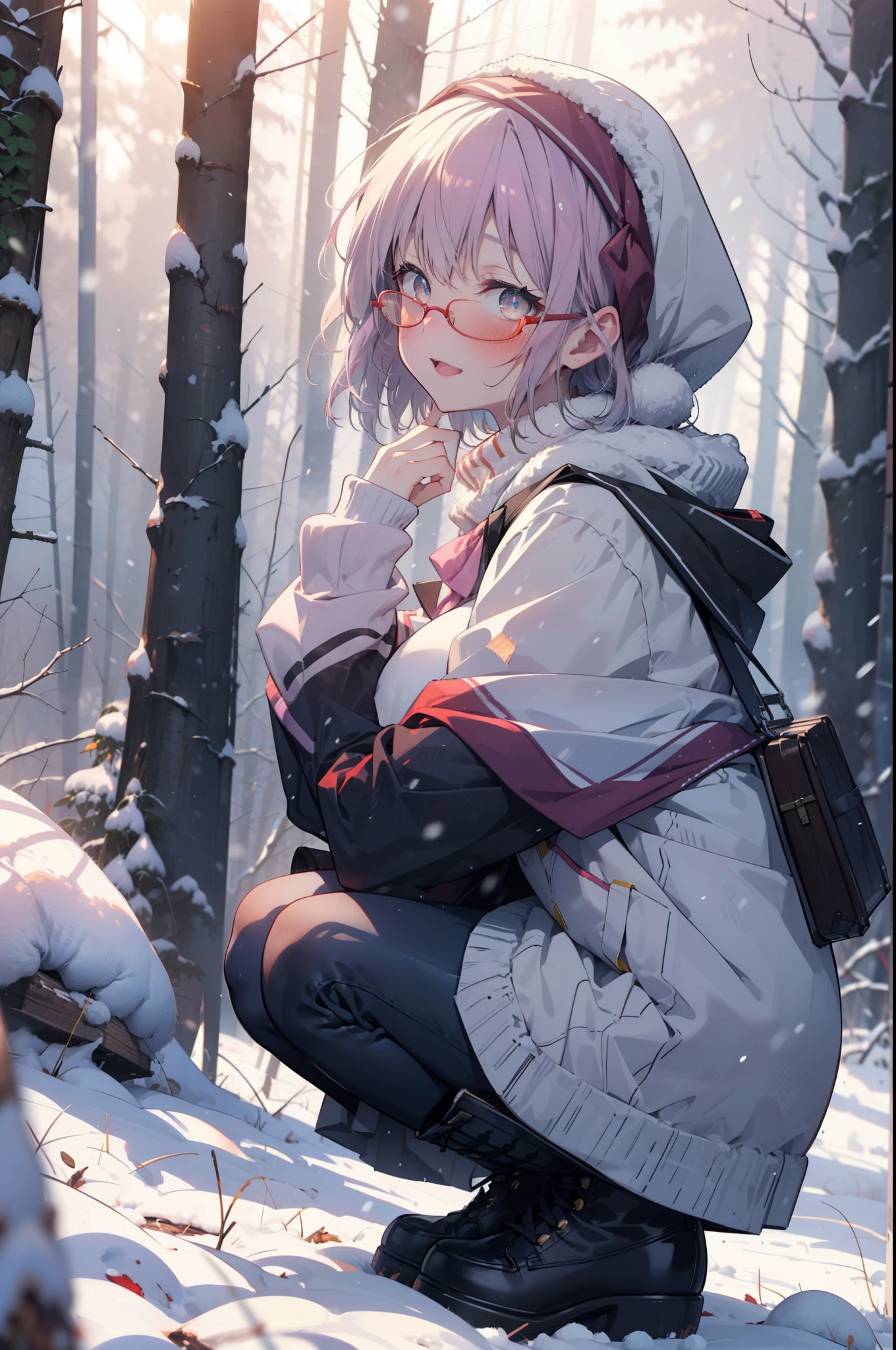 akaneshinjou, shinjou akane, Light purple hair, (Pink Eyes:1.2), short hair,Akagi Glasses,hair band,smile,blush,White Breath,Big Breasts,
Open your mouth,snow,Ground bonfire, Outdoor, boots, snowing, From the side, wood, suitcase, Cape, Blurred, having meal, forest, White handbag, nature,  Squat, Mouth closed, Cape, winter, Written boundary depth, Black shoes, red Cape break looking at viewer, Upper Body, whole body, break Outdoor, forest, nature, break (masterpiece:1.2), highest quality, High resolution, unity 8k wallpaper, (shape:0.8), (Beautiful and beautiful eyes:1.6), Highly detailed face, Perfect lighting, Highly detailed CG, (Perfect hands, Perfect Anatomy),