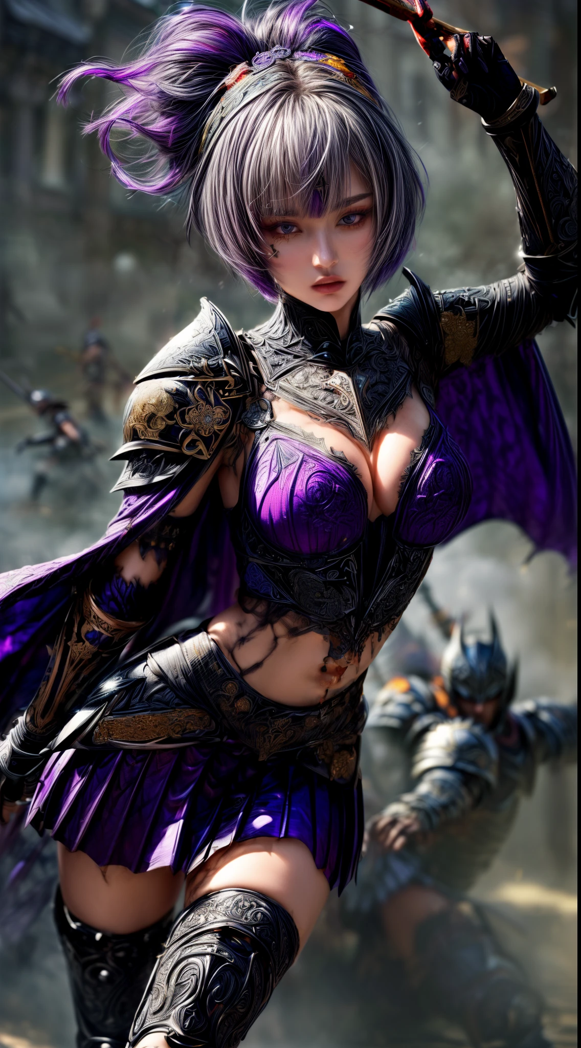 Very beautiful woman、Slender women、(Detailed face)、Realistic Skin、((Dark Knight)), (Dark purple:1.2)、((((Black armor with very fine and intricate decoration:1.5))))、((Delicate photo)),(Girl Astepeace RAW Photo Details:1.25), (highest quality:1.6), (超A high resolution:1.5), (Realistic:1.75), 8K resolution, Canon EOS R5, 50mm, Absurd, Ultra-detailed,Cinema Lighting,((battlefield))、((battle))、(((Dark grey skirt with embellishments)))、Thigh-high socks、Shin Guardulticolored Hair;1.2)、(Gradient Hair:1.2)、((Light gray hair:1.2))、((light purple hair:1.2))、((Pixie Cut:1.2))、(I can see your ripped abs)、Cape、Beautiful Armor、(((Has a huge weapon)))、(In combat)、((Armor with a bizarre and ugly design:1.5))、((((fog))))、(((Leading a large group of knights:1.2)))、Purple military flag、Tarantula-inspired armor、(((Battle Scene)))、(((Purple Tarantula)))、((Dark circles under the eyes))、((eye shadow))、((action))