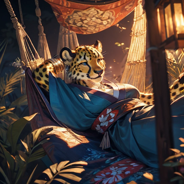 fat female cheetah, hammock, kimono, silver bracelets, silver necklace, silver earrings, detailed face, affectionate expression, detailed eyes, detailed nose, detailed lips, laying cheetah, realistic, photorealistic, ultra-detailed, 8k, best quality, masterpiece, cinematic lighting, dynamic composition, warm color palette, glowing fur, intricate patterns, flowing fabric, no hair