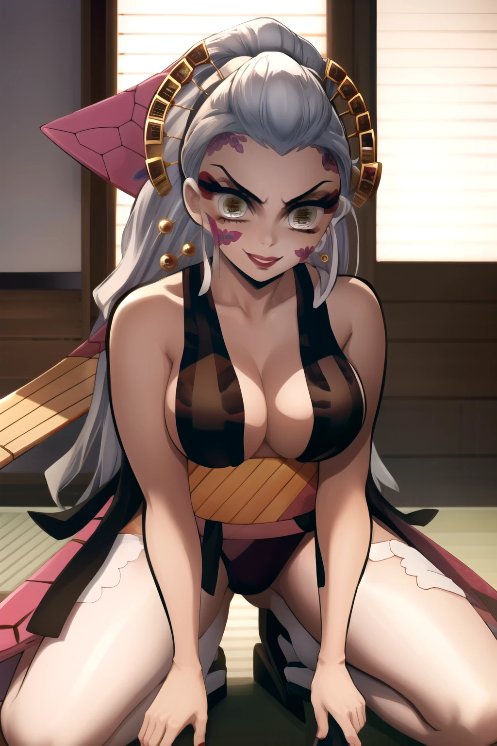 (masterpiece, best quality), intricate details, 1girl, daki-demon slayer, daki-dark, daki-beautiful detailed eyes, daki-beautiful detailed lips, extremely detailed eyes and face, long eyelashes, indoors, japanese room, IncrsSlitPupil, slit pupils, professional shot, smile, grey hair, full body shot,wide hips,big thighs ,looking at viewer