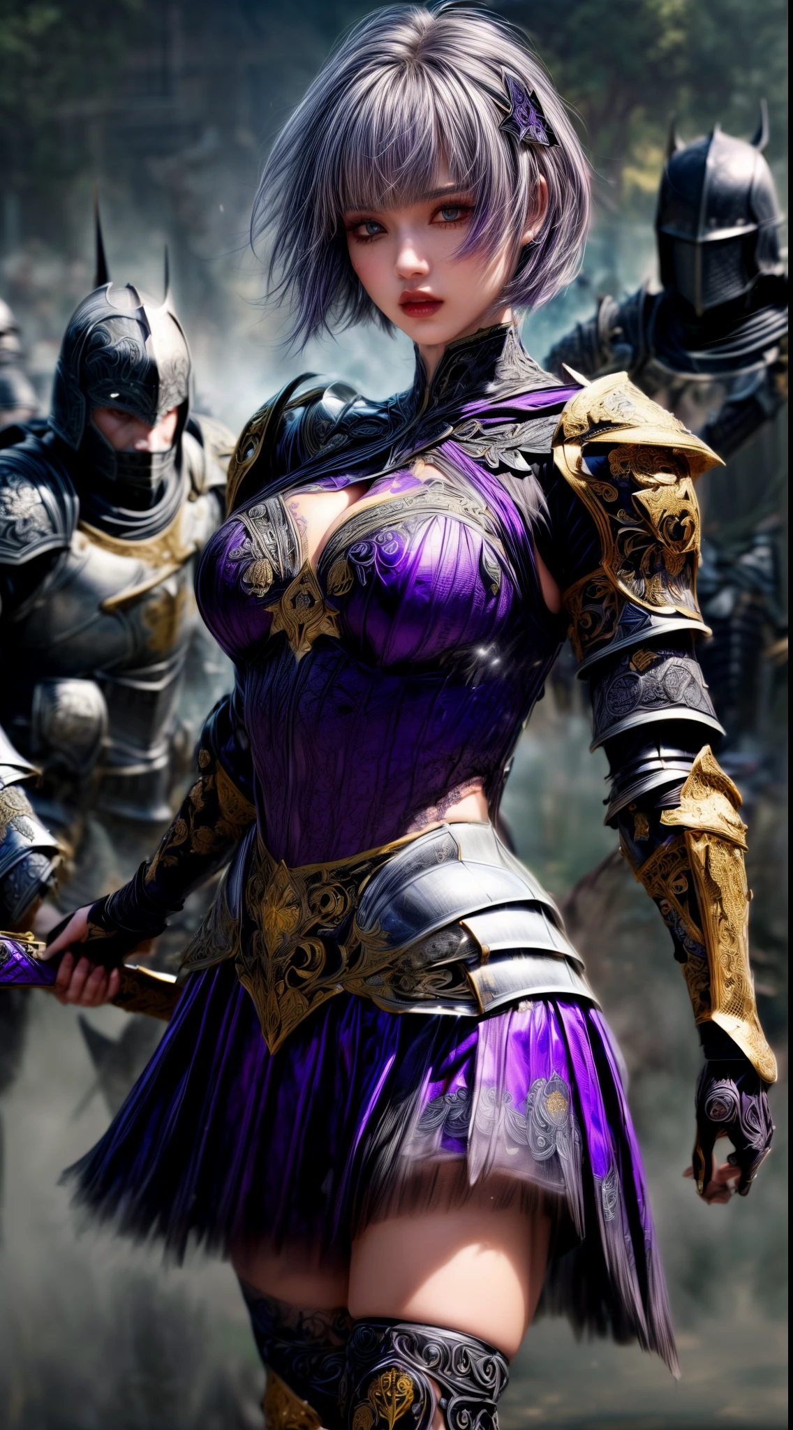 Very beautiful woman、Slender women、(Detailed face)、Realistic Skin、((Dark Knight)), (Dark purple:1.2)、((((Black armor with very fine and intricate decoration:1.5))))、((Delicate photo)),(Girl Astepeace RAW Photo Details:1.25), (highest quality:1.6), (超A high resolution:1.5), (Realistic:1.75), 8K resolution, Canon EOS R5, 50mm, Absurd, Ultra-detailed,Cinema Lighting,((battlefield))、((battle))、(((Dark grey skirt with embellishments)))、Thigh-high socks、Shin Guardulticolored Hair;1.2)、(Gradient Hair:1.2)、((Light gray hair:1.3))、((light purple hair:1.2))、((Pixie Cut:1.2))、(I can see your ripped abs)、Cape、Beautiful Armor、(((Has a huge weapon)))、(In combat)、((Unusual Armor:1.7))、((((fog))))、(((Leading a large group of knights:1.4)))、Purple military flag、Tarantula-inspired armor、(((Battle Scene)))、(((Purple Tarantula)))、((Dark circles under the eyes))、((eye shadow))、((action))、Knight Commander、nsfw