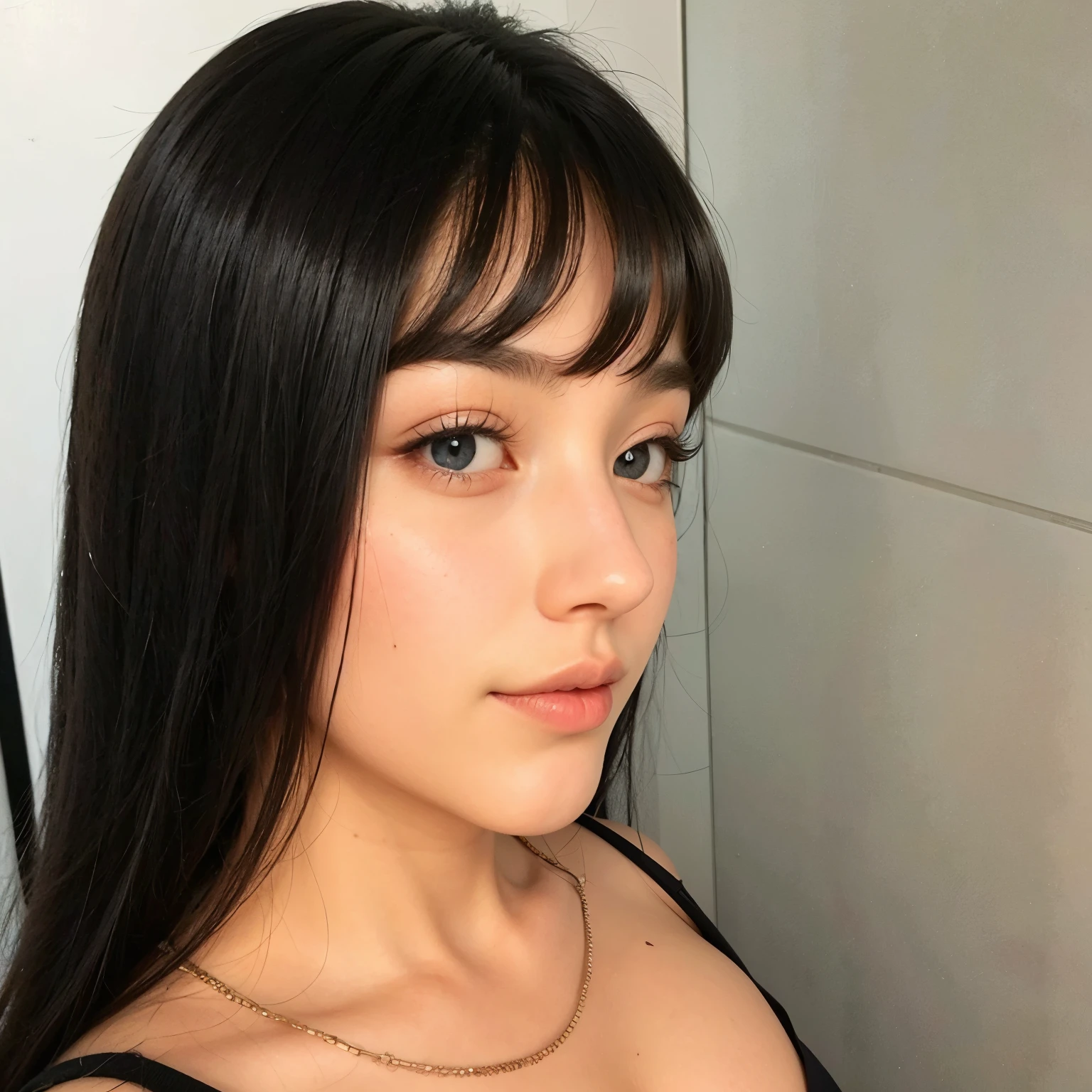 Mulher perfeita, boca perfeita, dedos perfeitos, boca perfeita, Flawless nose, olhos escuros perfeitos, cabelo com franja preto liso perfeito e comprido, seios grandes e bonitos.