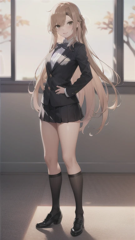Asuna, asuna_\(sao\), 1girl, (sexy pose:1.4), highres,  original, realistic,  scenery,  close_up, upper_body,  smiling, solo, long hair, looking at viewer, smile, bangs ,detailed eyes, beautiful background, hands on the chest, blonde hair, brown eyes, long hair, standing, (full body:1.5), at the school, school view, classroom, , (black blazer), mini skirt, black shoes, school clothes, student, red nectie, (black uniform), black high stocking, black stocking,