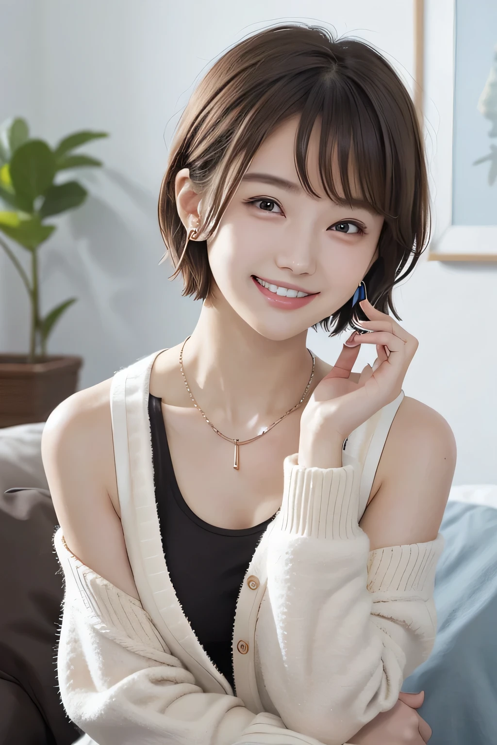 205 ((short hair)), 20-year-old female, In underwear、Put a cardigan over your shoulders、 A refreshing smile、Beautiful teeth alignment、Dark eyeliner、Dark brown hair、ear piercing、Necklace around the neck、Looking at the camera