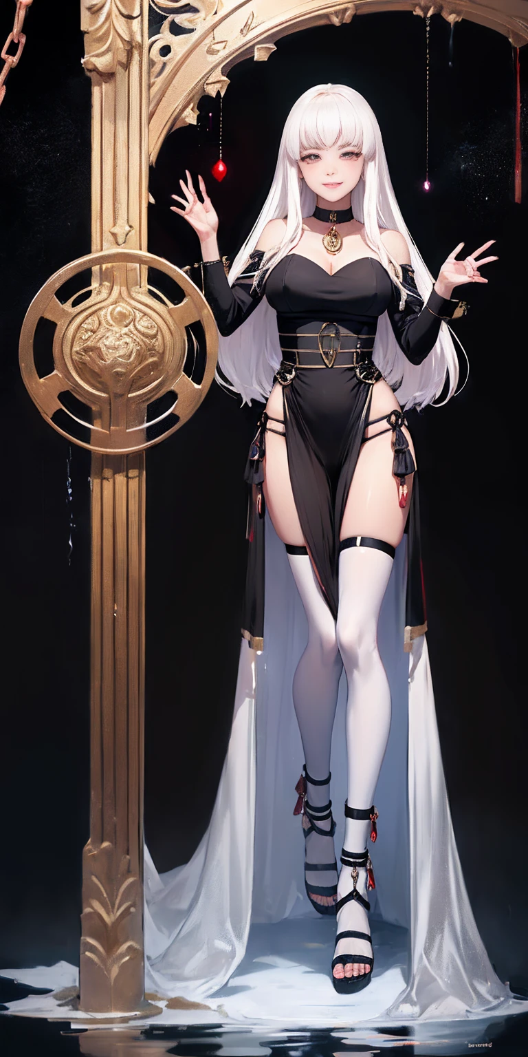 dark fantasy anime illustration of a (mature MILF BIMBO albino skin and short white hair), (FULL BODY) perfect face, wearing tight leather stealth armor, stalking, BIG KNOCKERS CLEAVAGE, lustful smirking smile red blush red cheeks, chain leash, kneeling, shackles, leather black collar slave, ((BLACK background)) hands on glass WITH KNOCKERS on glass, glass window fog water drop, 5 fingers each hand, metal handcuffs, black choker collar, thigh highs, long legs, metal ankle, metal sandals, metal shoulders, standing straight symmetrical against glass