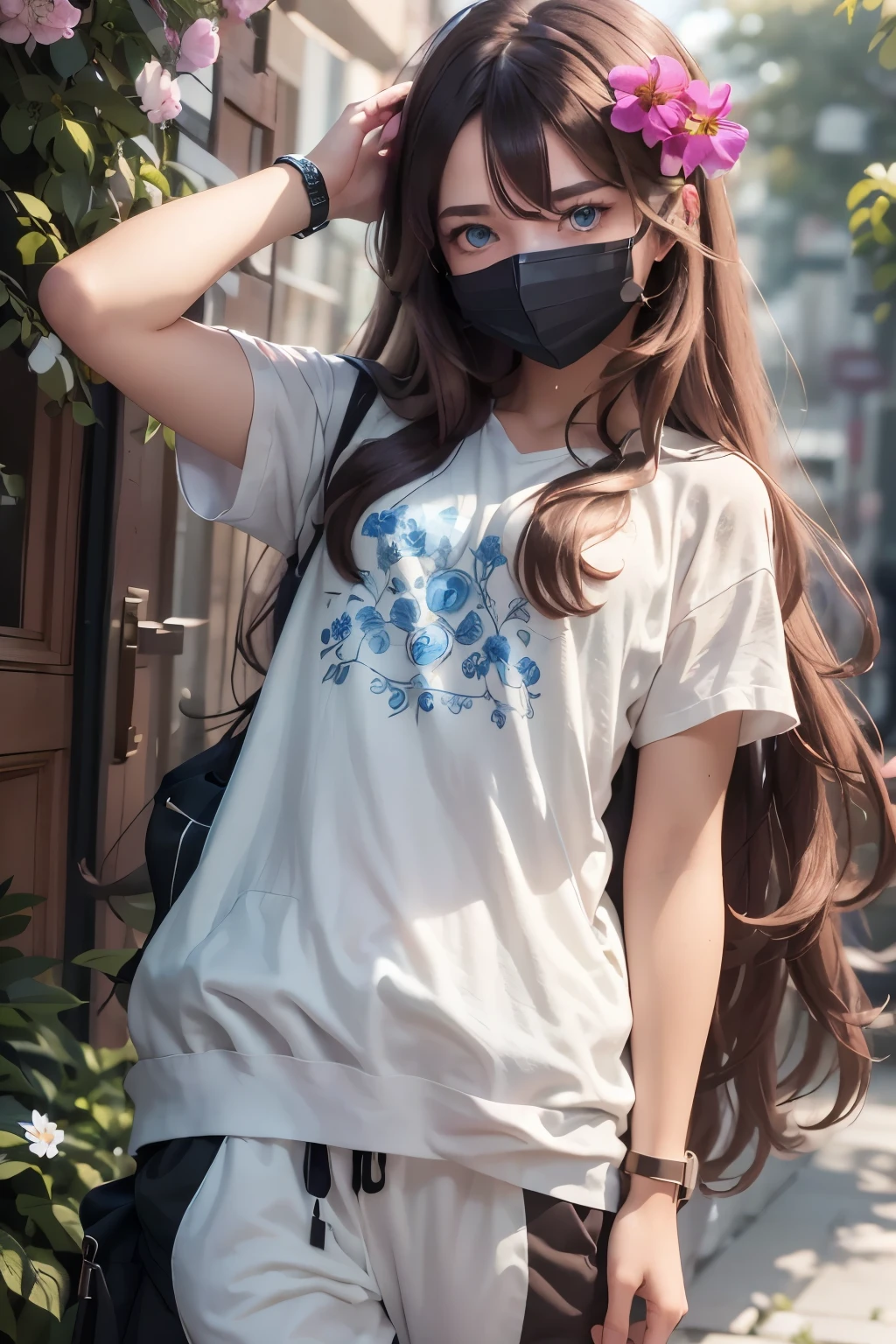 attractive19y old with (long brown hair, blue eyes, no bangs), (white t-shirt with flowers, black sweatpants), (watch on right hand, detailed blue mask)
