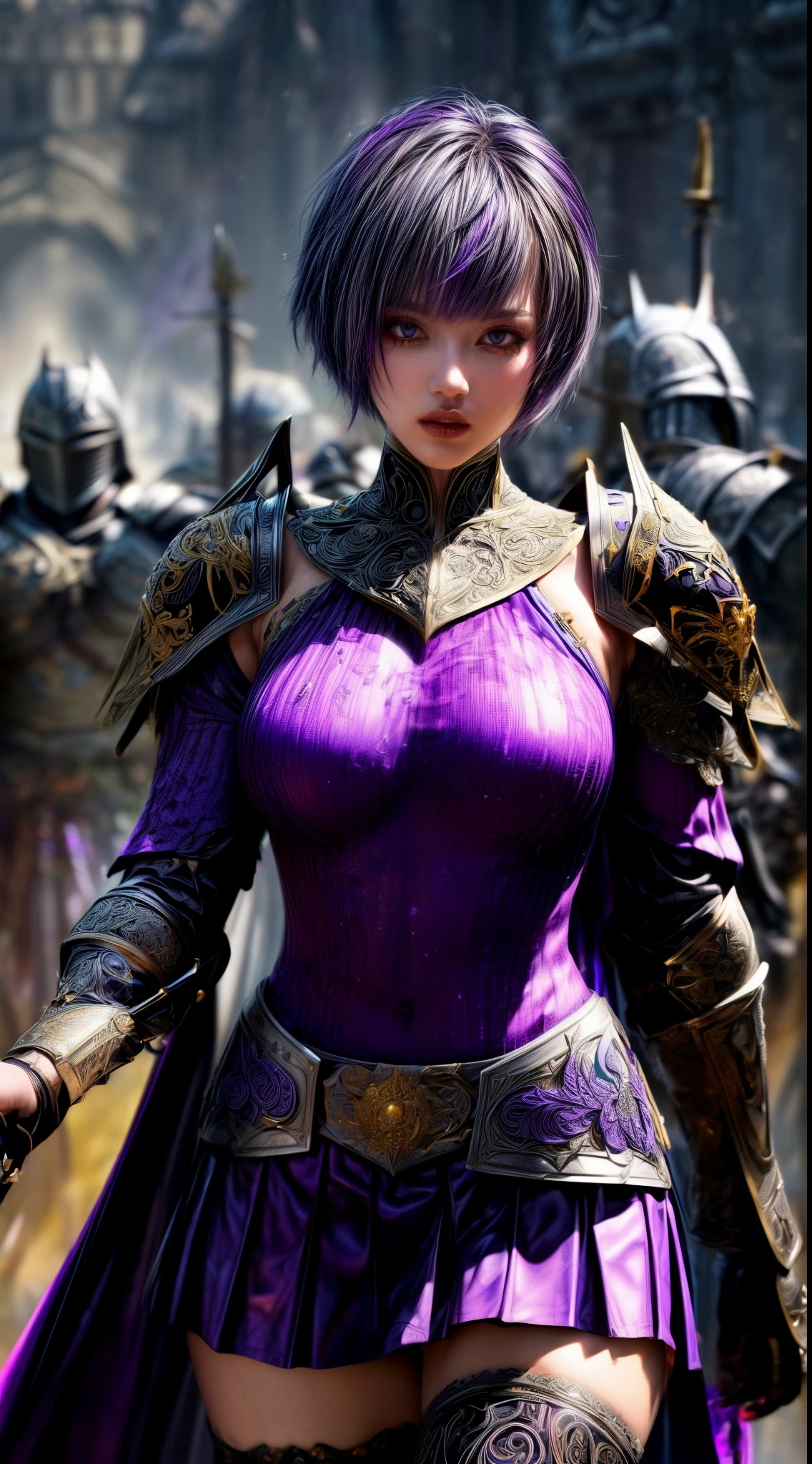 Very beautiful woman、Slender women、(Detailed face)、Realistic Skin、((Dark Knight)), (Dark purple:1.2)、((((Black armor with very fine and intricate decoration:1.5))))、((Delicate photo)),(Girl Astepeace RAW Photo Details:1.25), (highest quality:1.6), (超A high resolution:1.5), (Realistic:1.75), 8K resolution, Canon EOS R5, 50mm, Absurd, Ultra-detailed,Cinema Lighting,((battlefield))、((battle))、(((Dark grey skirt with embellishments)))、Thigh-high socks、Shin Guardulticolored Hair;1.2)、(Gradient Hair:1.2)、((Light gray hair:1.3))、((light purple hair:1.2))、((Pixie Cut:1.2))、(I can see your ripped abs)、Cape、Beautiful Armor、(((Has a huge weapon)))、(In combat)、((Unusual Armor:1.7))、((((fog))))、(((Leading a large group of knights:1.4)))、Purple military flag、Tarantula-inspired armor、(((Battle Scene)))、(((Purple Tarantula)))、((Dark circles under the eyes))、((eye shadow))、((action))、Knight Commander、nsfw