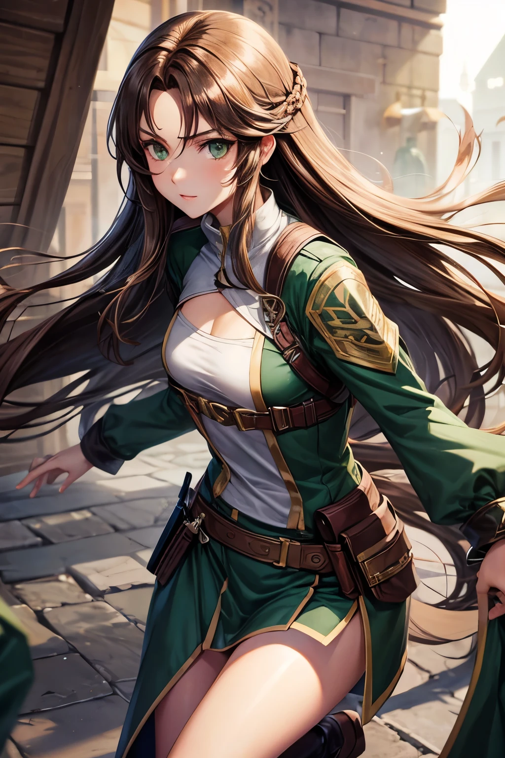 Long brown hair, green eyes, flat chest, girl, assassin