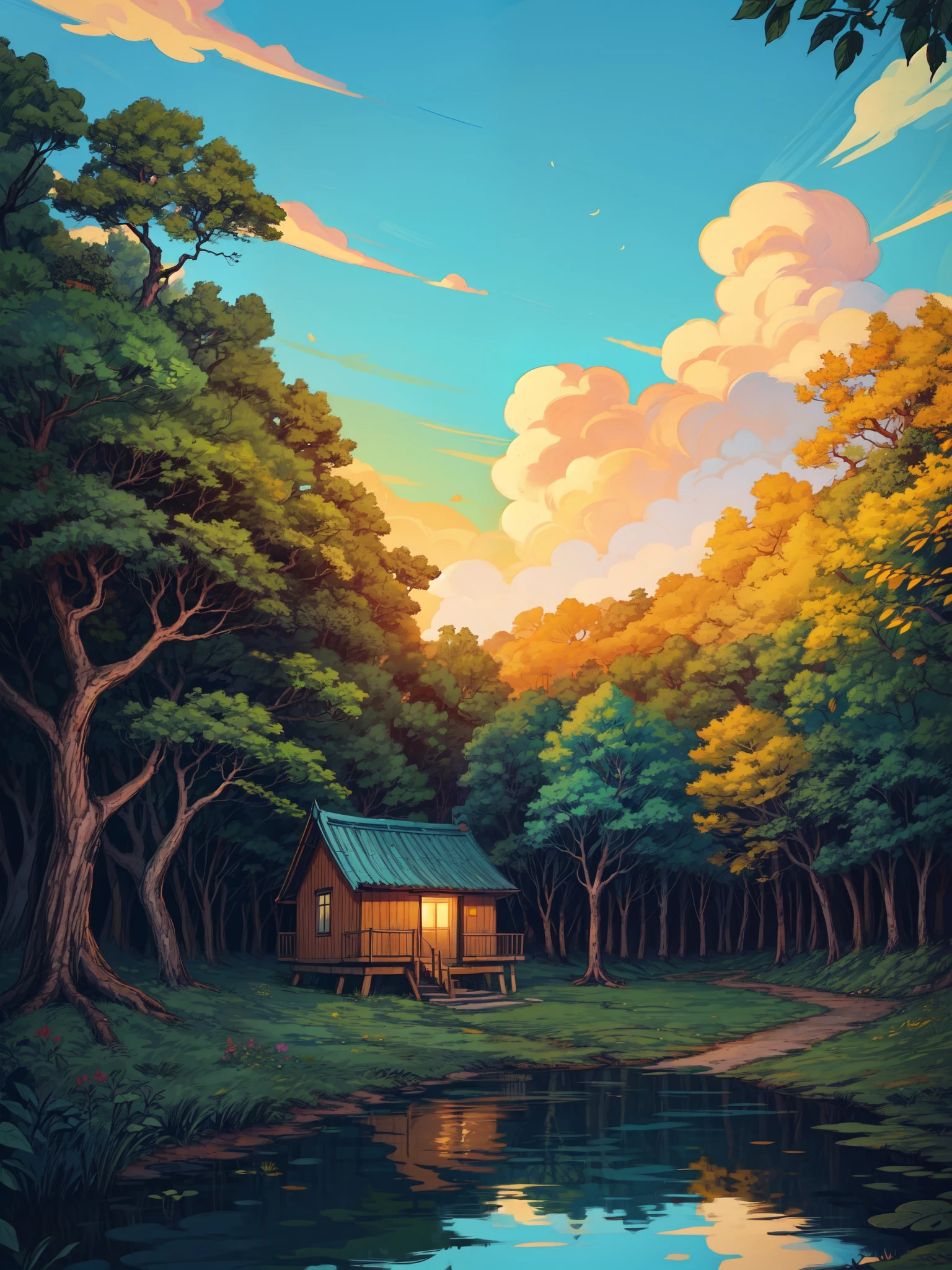 wide view, hut near a pond surrounded by trees, evening time, big banyan tree, autumn, reflection, flowery bushes, windy, jungle, greenery, stairs, norway, beautiful weather, windy, illustration, vibrant tones, shining clouds, thick lines, cozy tones, beautiful sky, ghibli style, outdoors, cozy atmosphere, micro landscape, intrinsic details