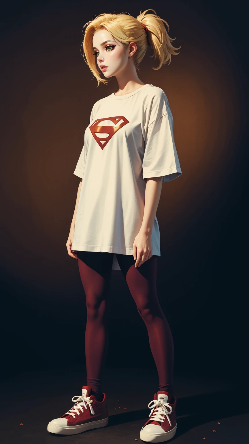 A woman, oversized tshirt with superman stamping, red sneakers, blonde hair, full body, textured skin, beautiful lips, cold lighting, cool atmosphere, (simple background), high quality, sharp focus, masterpiece, 8k, uhd, absurdres
